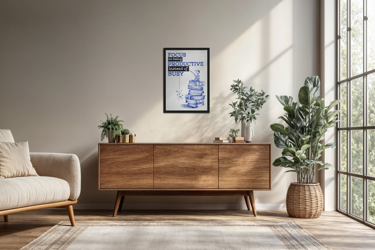 Living Room Cabinet Preview of Productivity Over Busy – Motivational Wall Art in Black Color Frame