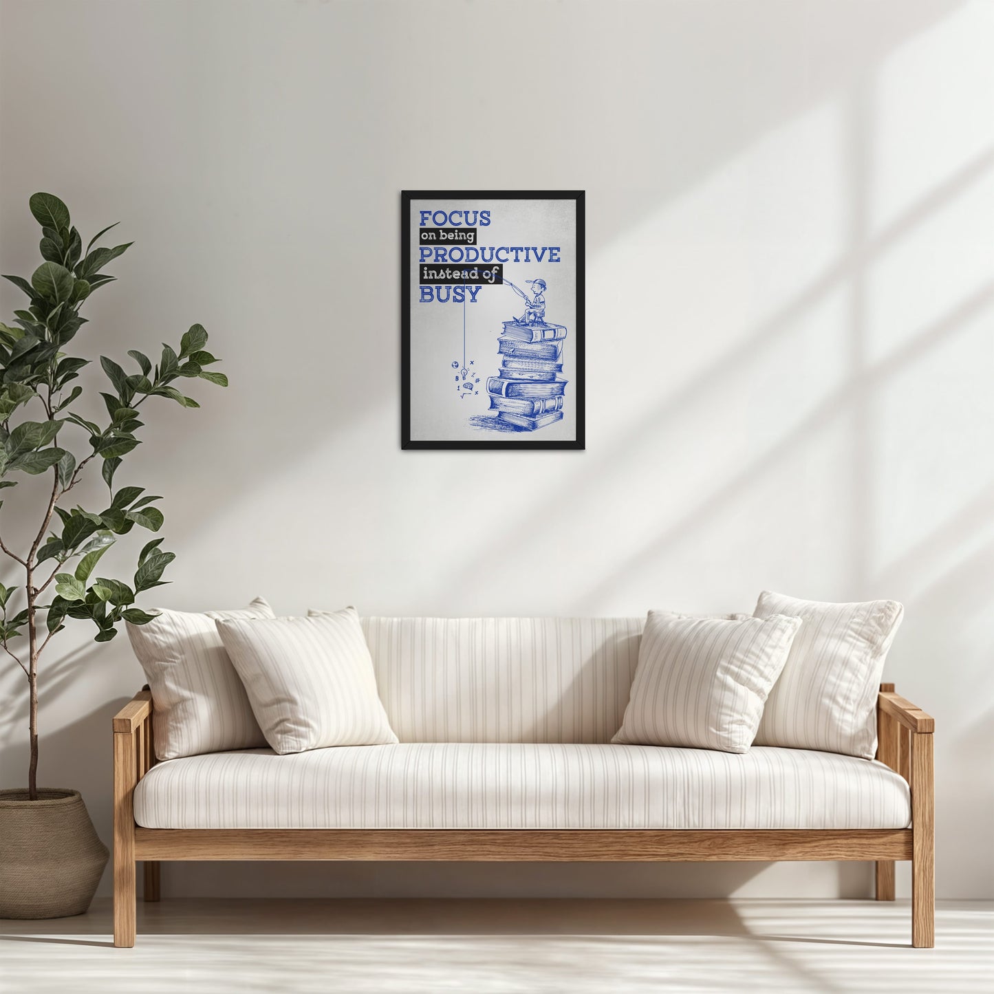 Living Room Cabinet Table Preview of Productivity Over Busy – Motivational Wall Art in Black Color Frame