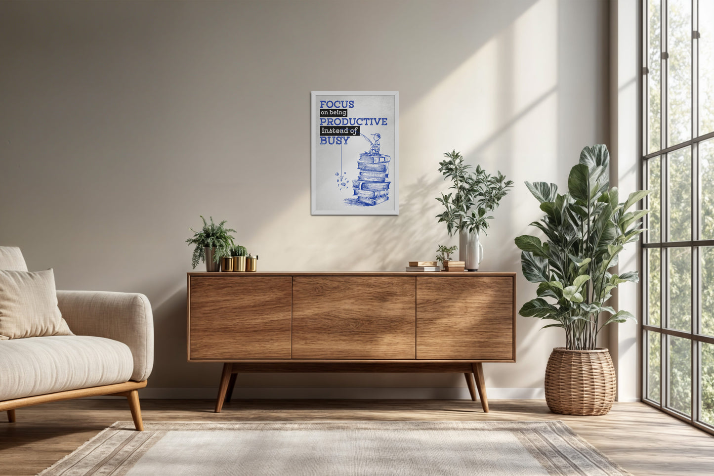 Living Room Cabinet Preview of Productivity Over Busy – Motivational Wall Art in White Color Frame