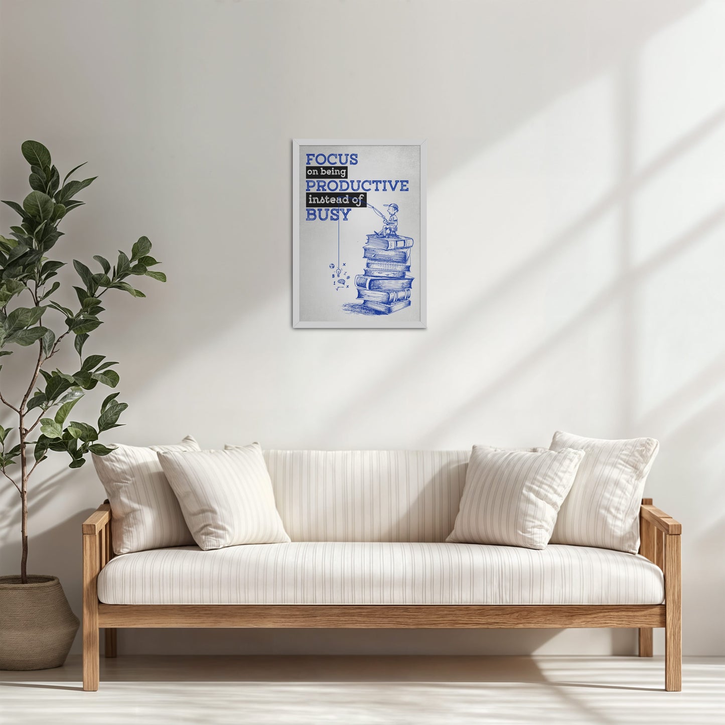 Living Room Cabinet Table Preview of Productivity Over Busy – Motivational Wall Art in White Color Frame