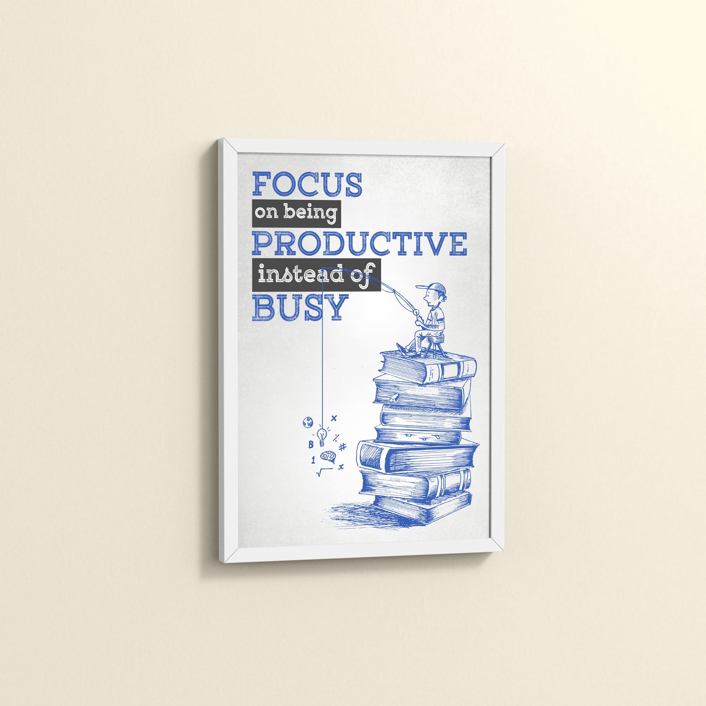 Side View of Productivity Over Busy – Motivational Wall Art in White Color Frame