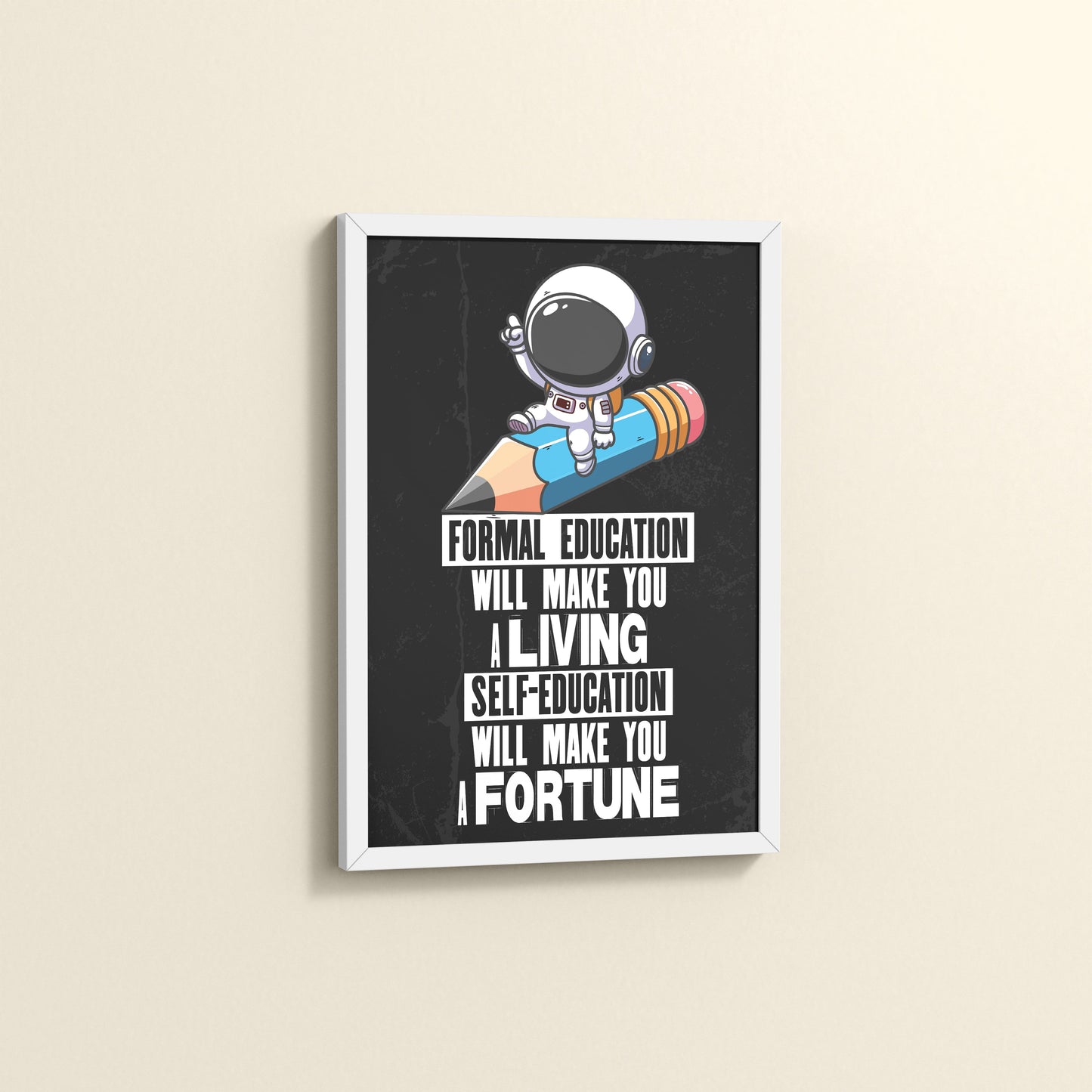 Side View of Self-Education is the Real Power – Motivational Learning Wall Art in White Color Frame