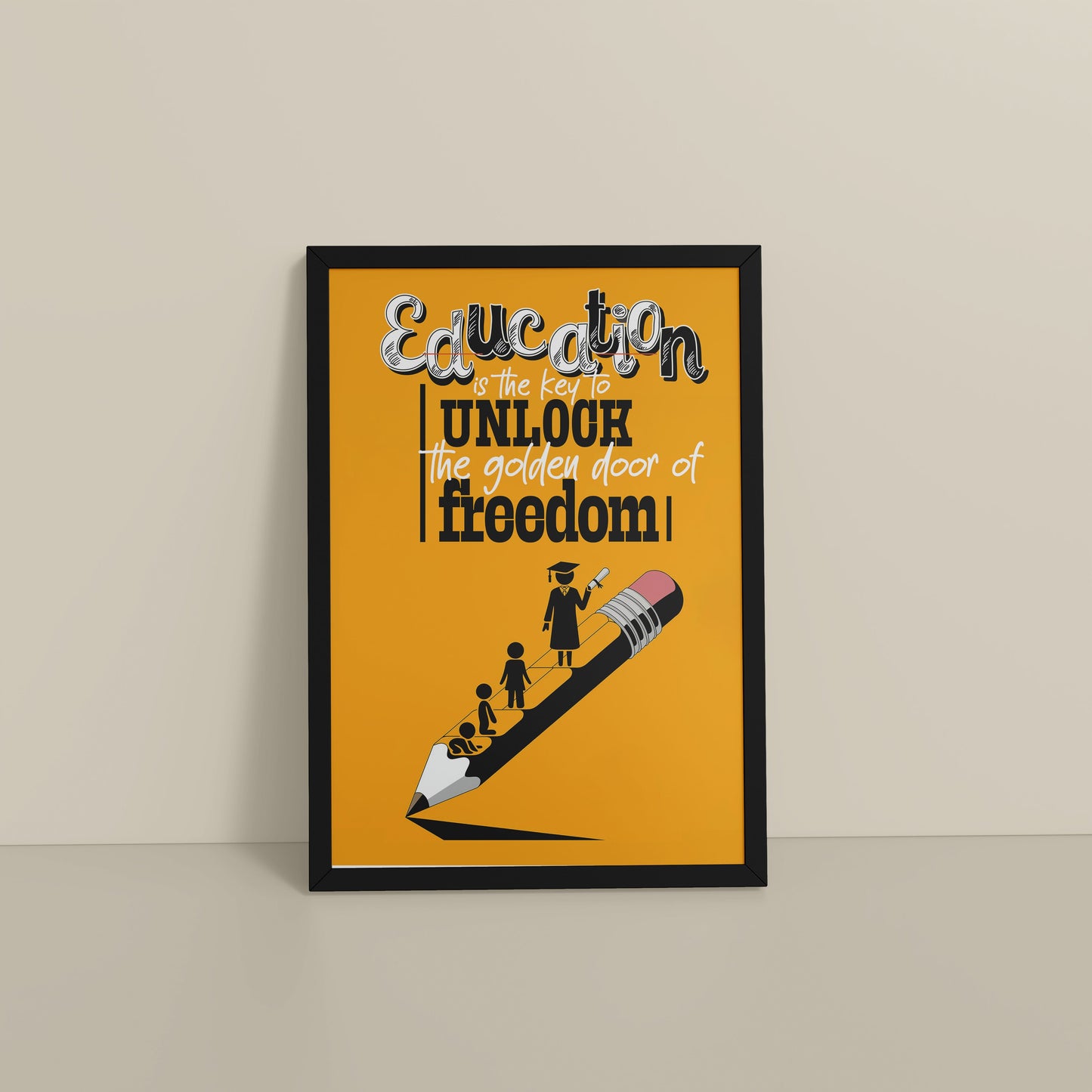 Floor View of Golden Key of Freedom – Educational Motivational Wall Art in Black Color Frame