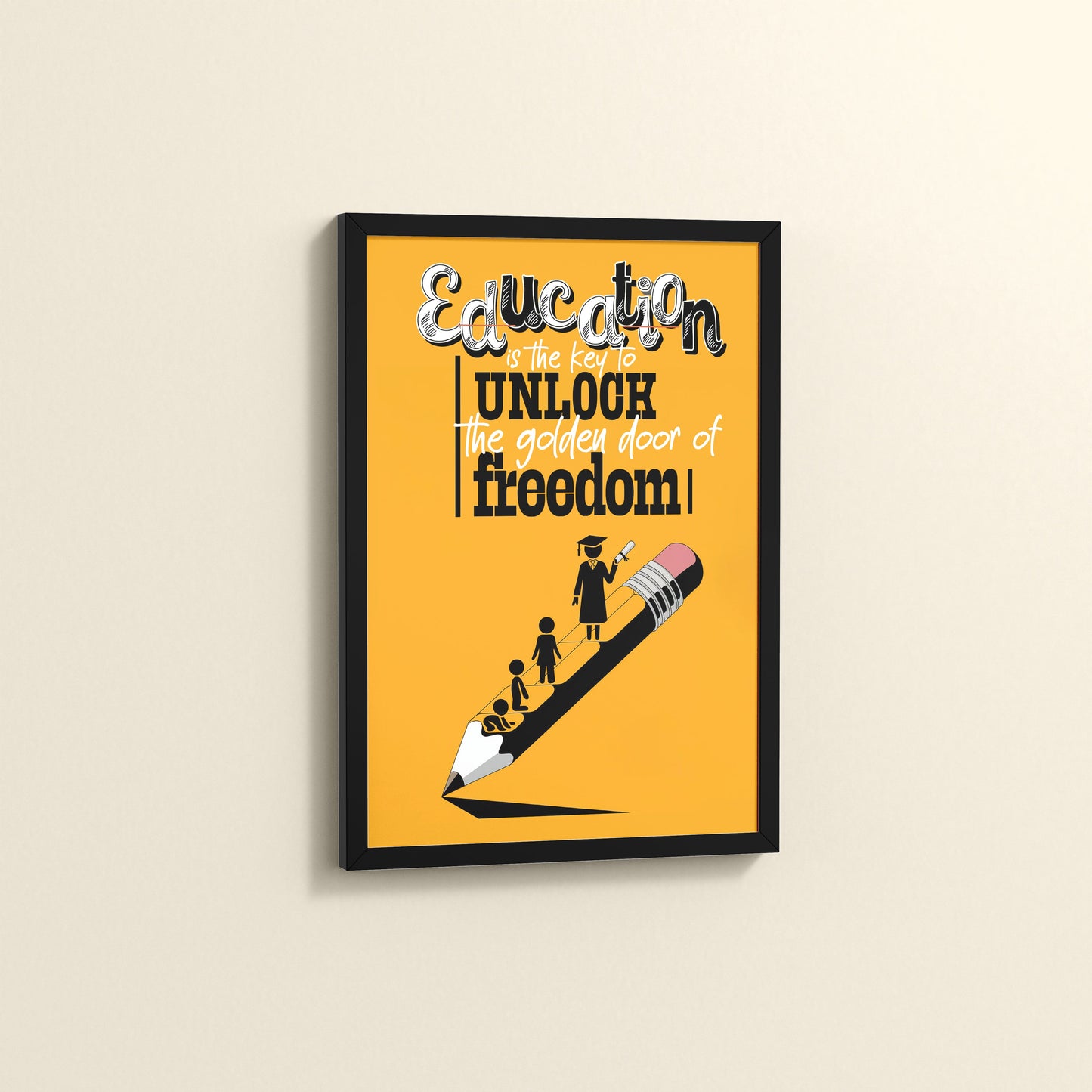 Side View of Golden Key of Freedom – Educational Motivational Wall Art in Black Color Frame
