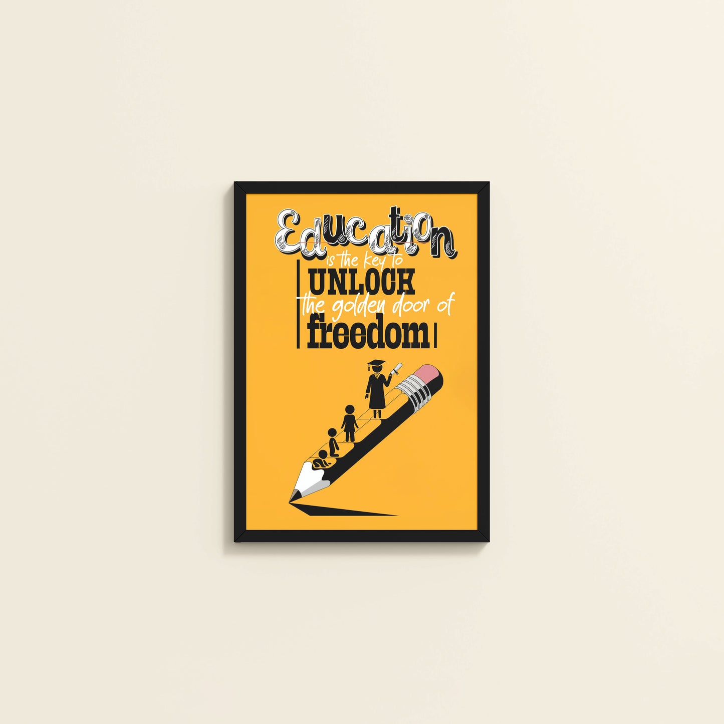 Wall View of Golden Key of Freedom – Educational Motivational Wall Art in Black Color Frame