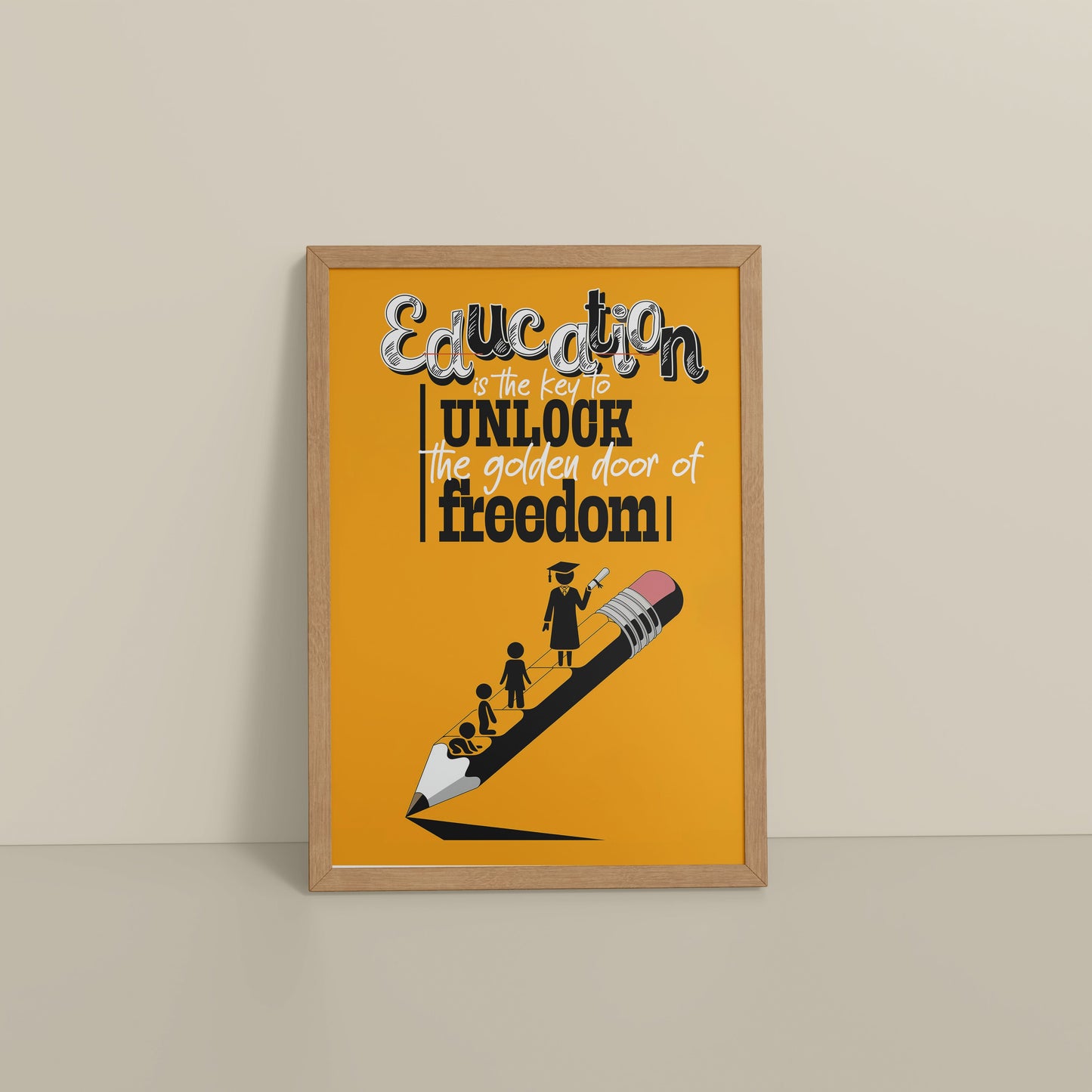 Floor View of Golden Key of Freedom – Educational Motivational Wall Art in Natrual Color Frame