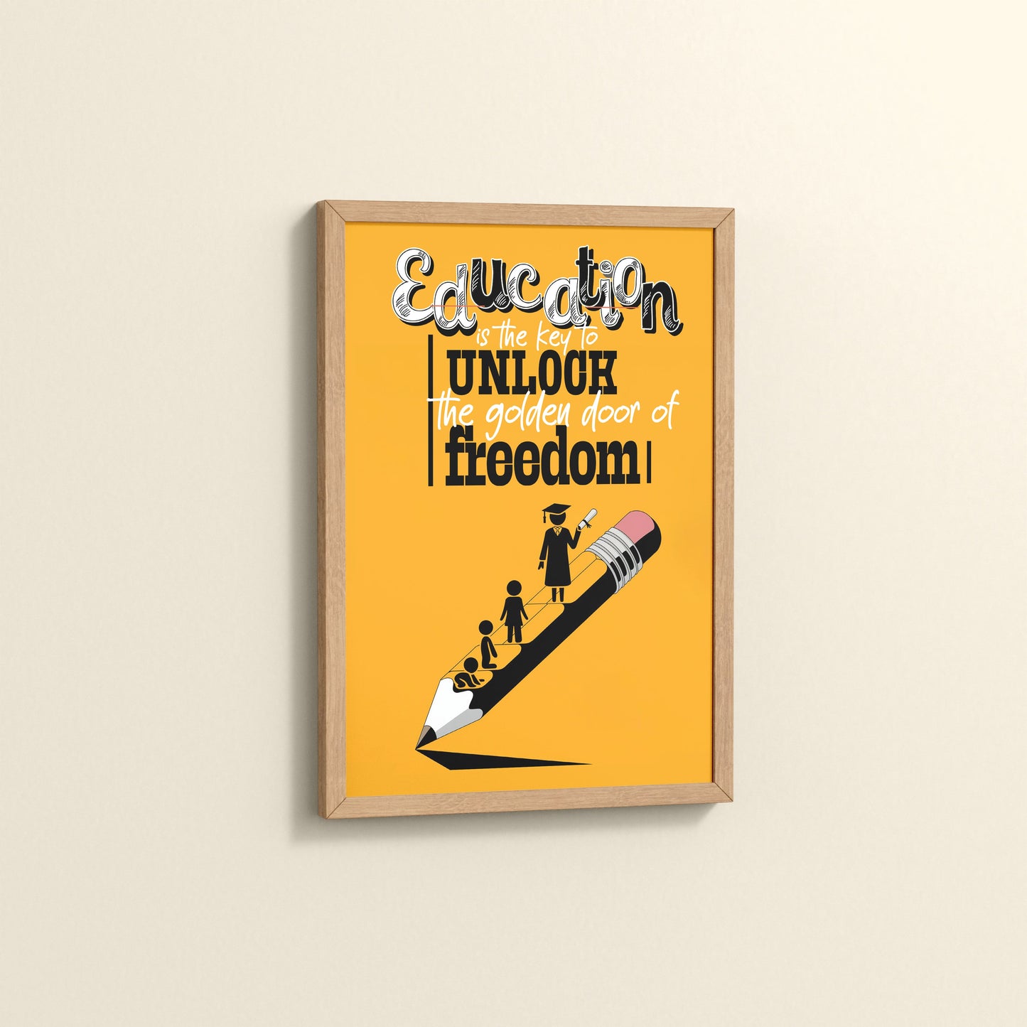 Side View of Golden Key of Freedom – Educational Motivational Wall Art in Natrual Color Frame