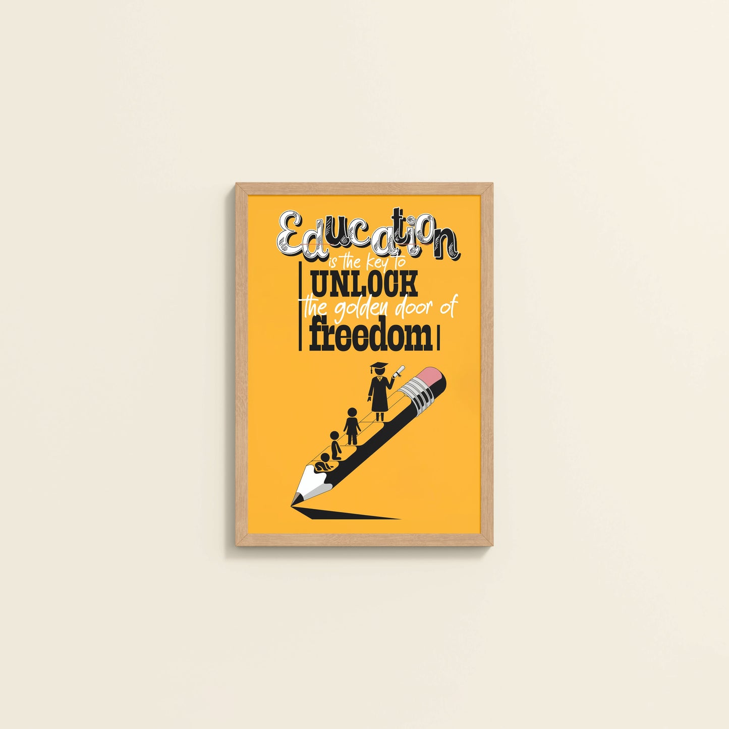 Wall View of Golden Key of Freedom – Educational Motivational Wall Art in Natrual Color Frame