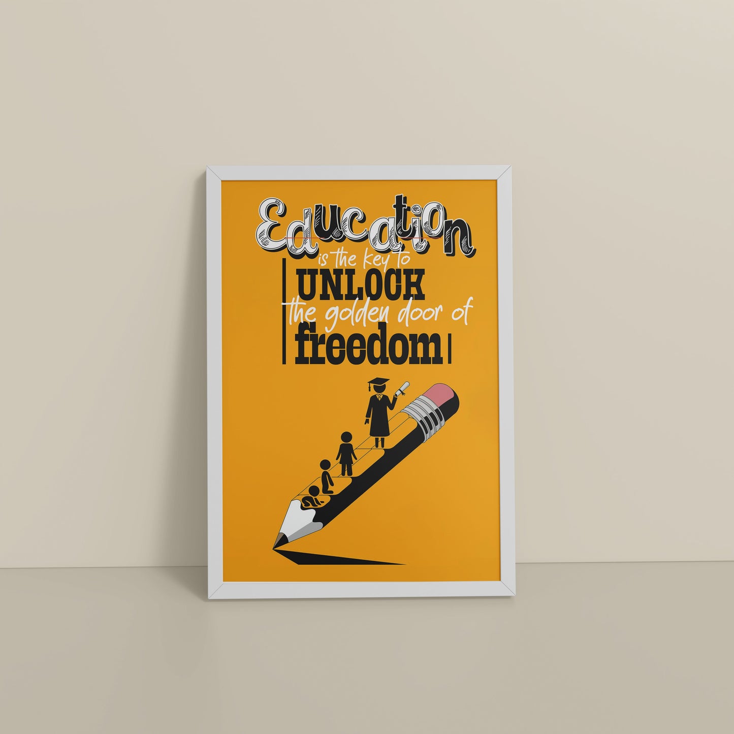 Floor View of Golden Key of Freedom – Educational Motivational Wall Art in White Color Frame