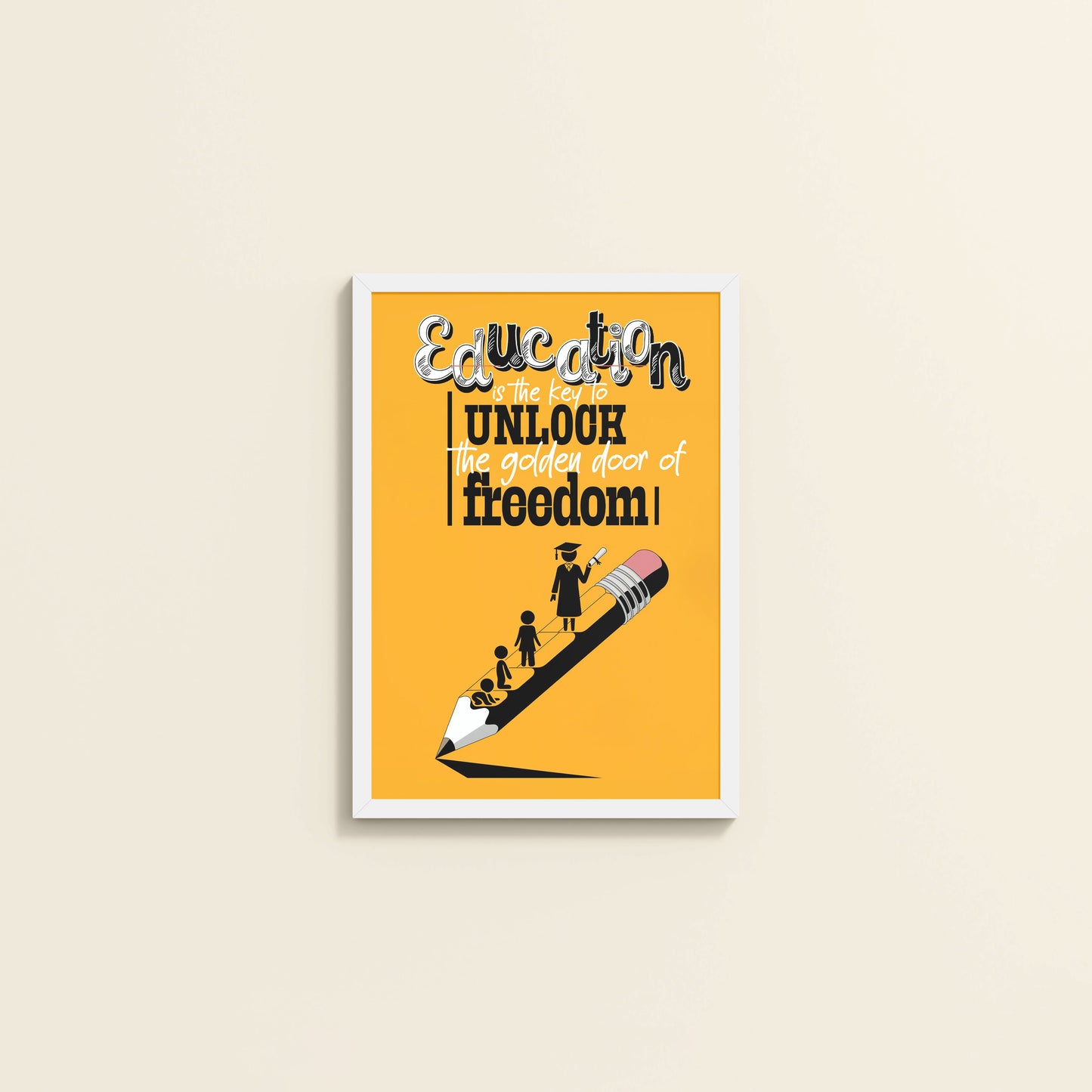 Wall View of Golden Key of Freedom – Educational Motivational Wall Art in White Color Frame