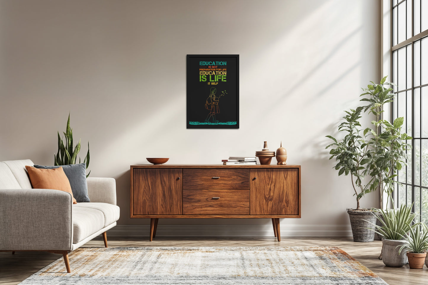 Living Room Sofa Preview of Education Is Life – Inspirational Wall Art in Black Color Frame