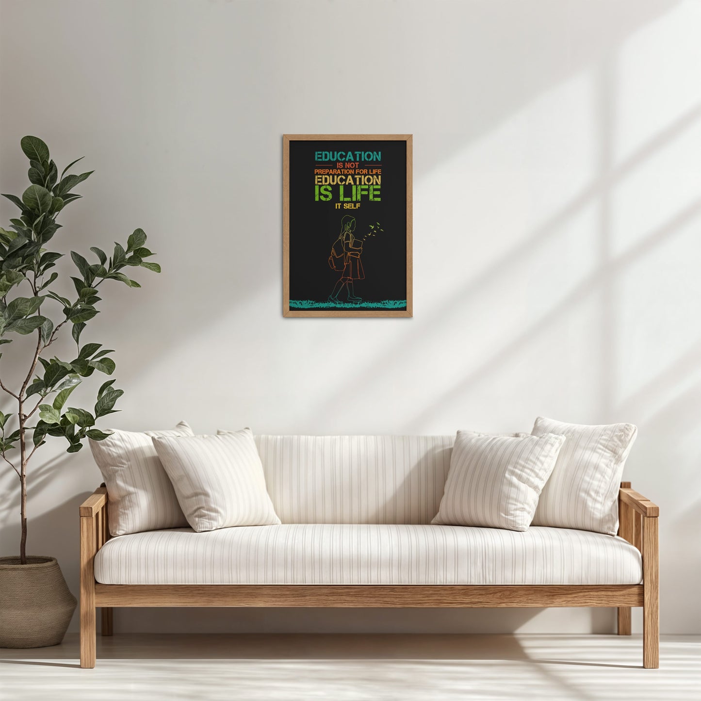Living Room Cabinet Table Preview of Education Is Life – Inspirational Wall Art in Natrual Color Frame