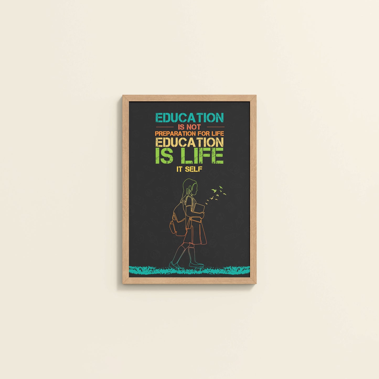 Wall View of Education Is Life – Inspirational Wall Art in Natrual Color Frame