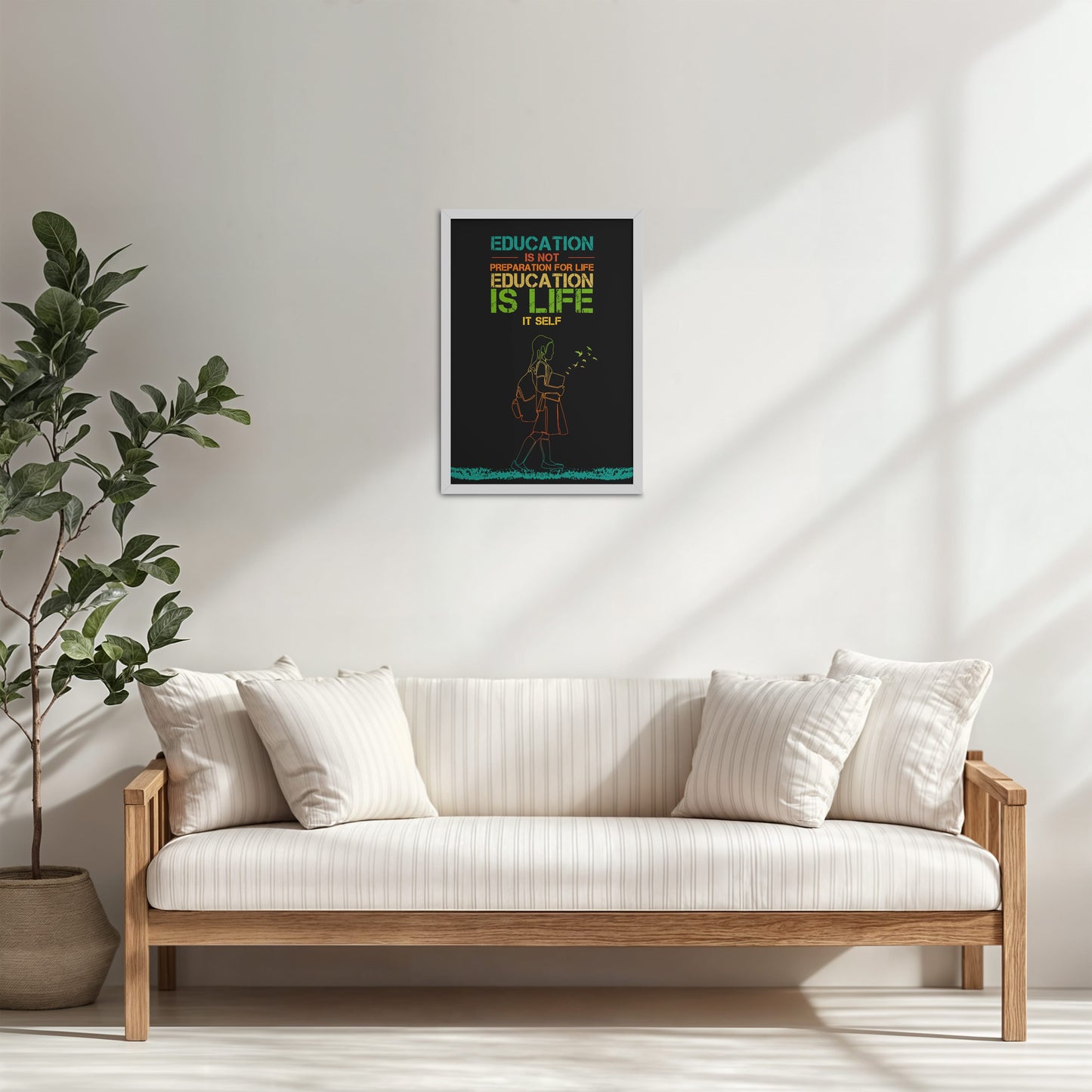 Living Room Cabinet Table Preview of Education Is Life – Inspirational Wall Art in White Color Frame