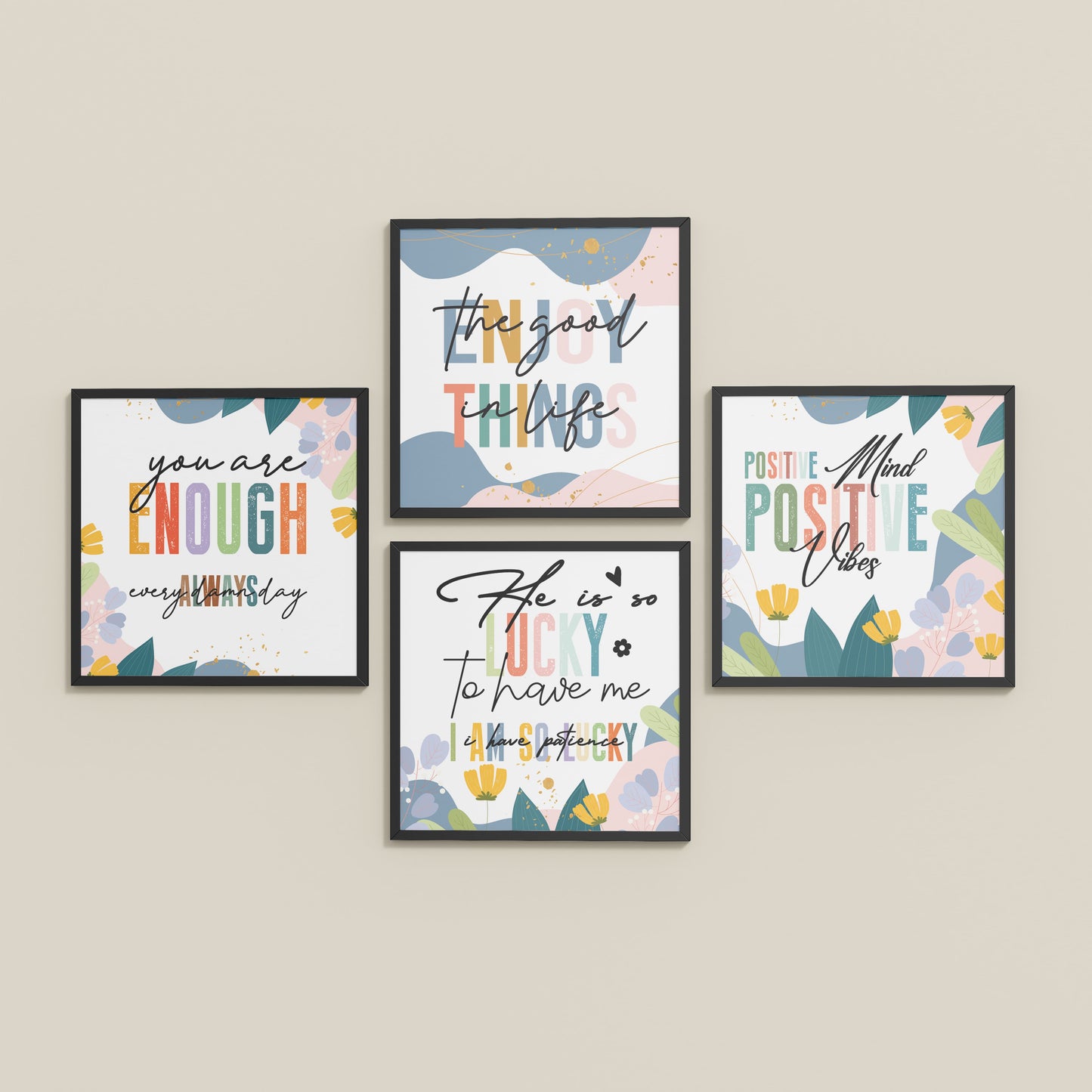 Inclined Floor View of Stay Grateful Positive Vibes Quote Frames Set of 4 in Black Color Frame