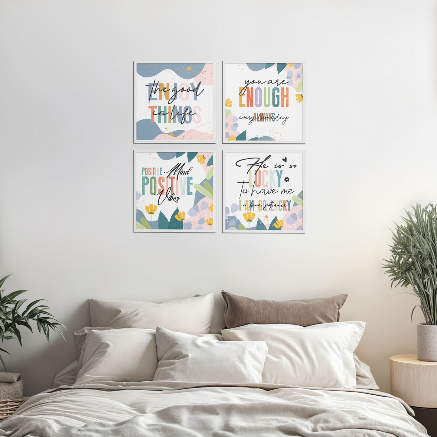 Bed Room Preview of Stay Grateful Positive Vibes Quote Frames Set of 4 in White Color Frame