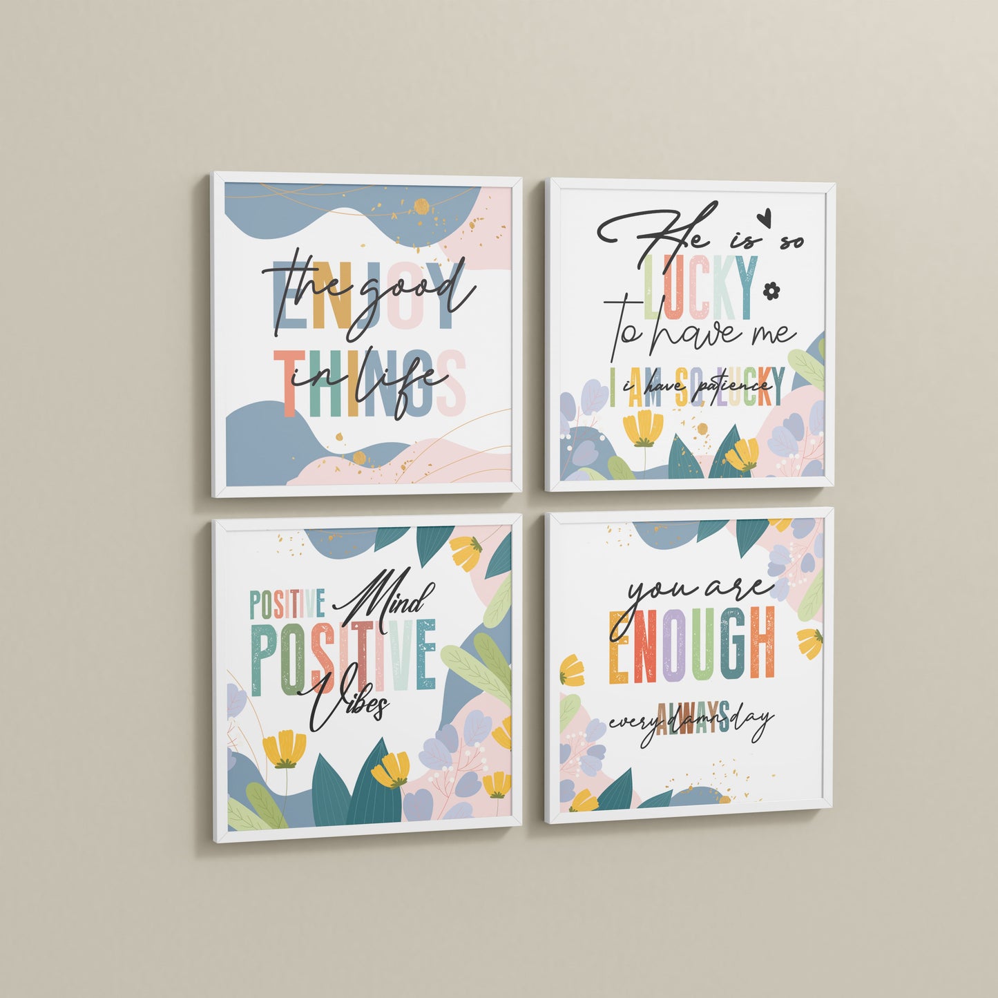 Side View of Stay Grateful Positive Vibes Quote Frames Set of 4 in White Color Frame