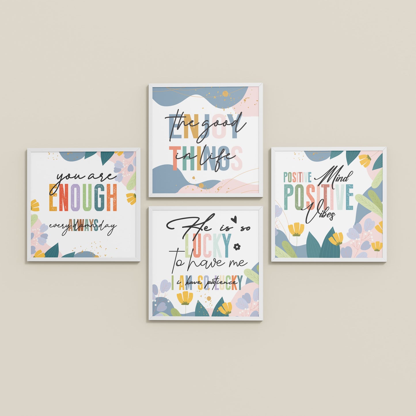 Inclined Floor View of Stay Grateful Positive Vibes Quote Frames Set of 4 in White Color Frame