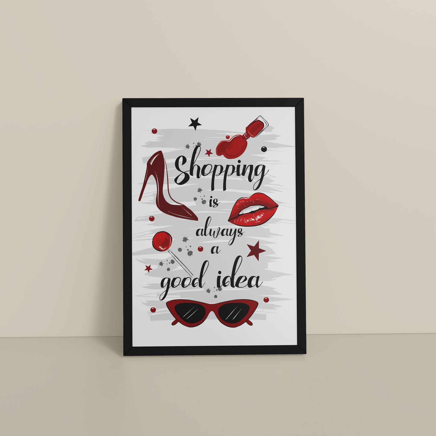 Floor View of Shopaholic Mood – Fashion Wall Art Frame in Black Color Frame