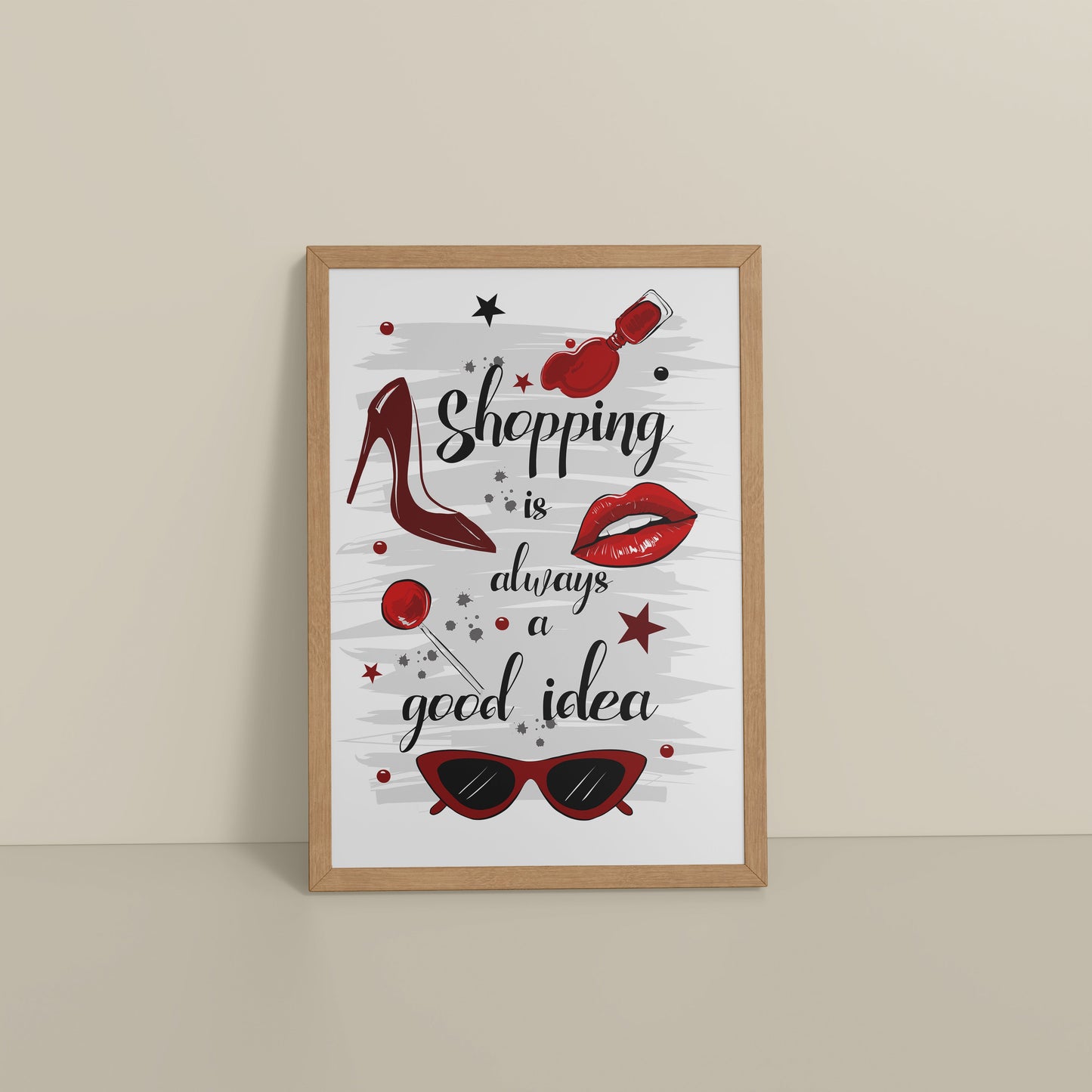 Floor View of Shopaholic Mood – Fashion Wall Art Frame in Natrual Color Frame