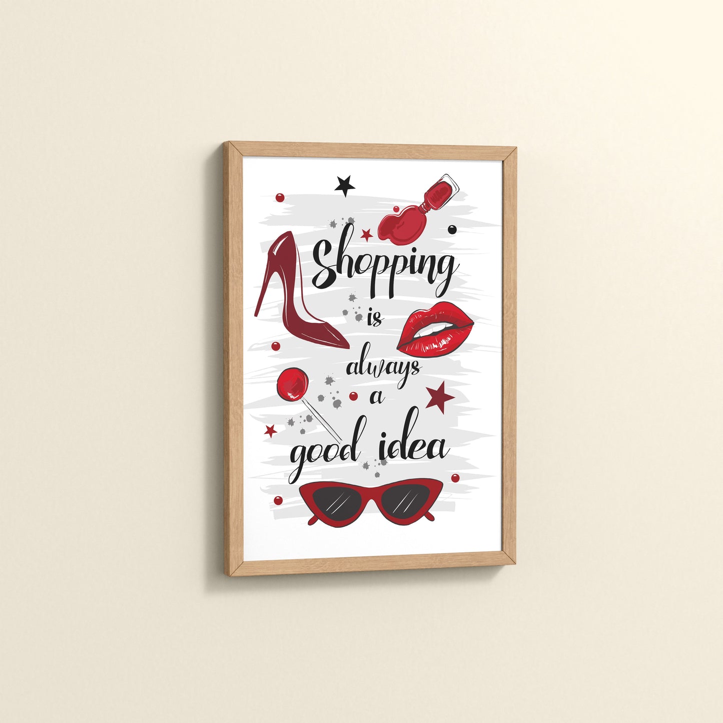 Side View of Shopaholic Mood – Fashion Wall Art Frame in Natrual Color Frame