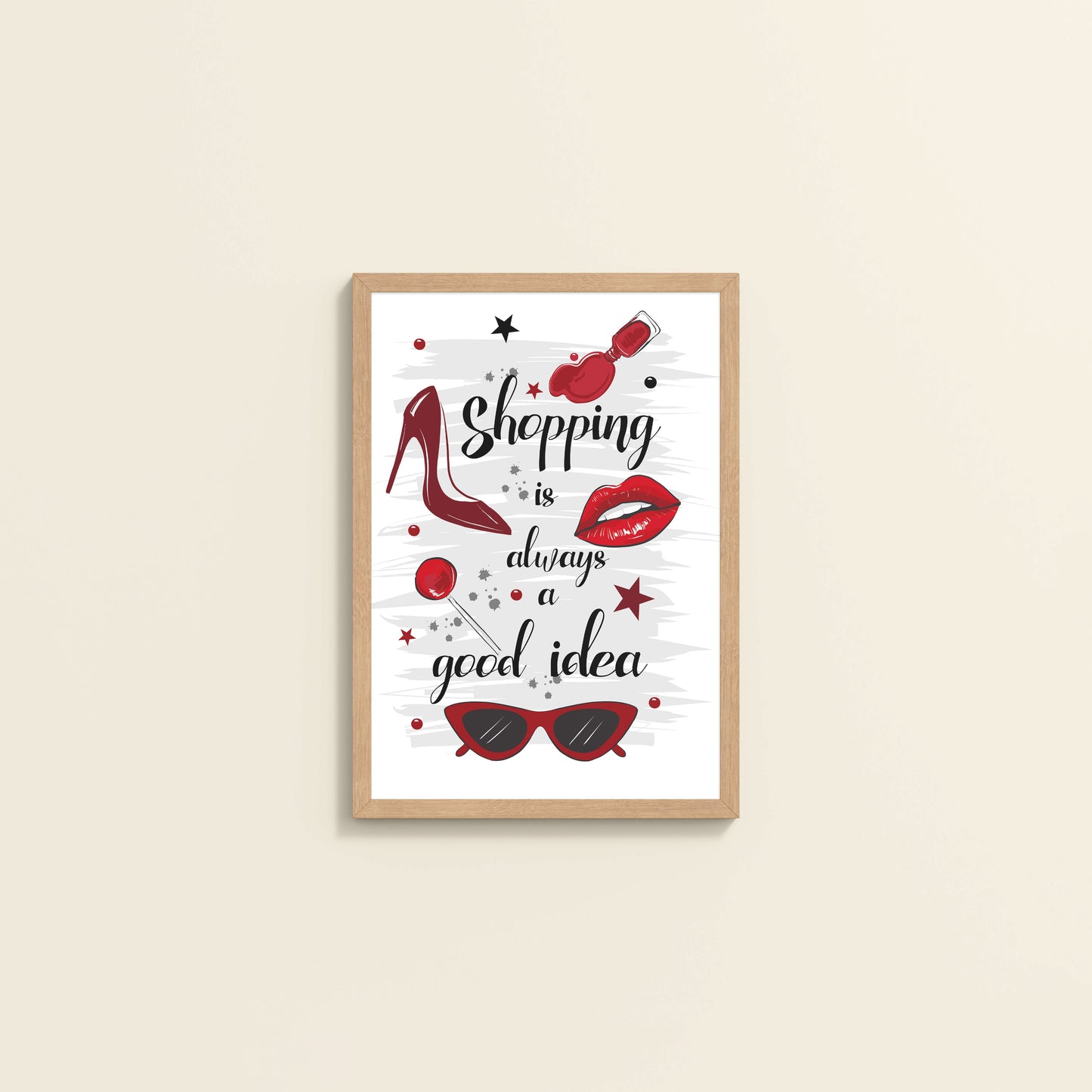 Wall View of Shopaholic Mood – Fashion Wall Art Frame in Natrual Color Frame