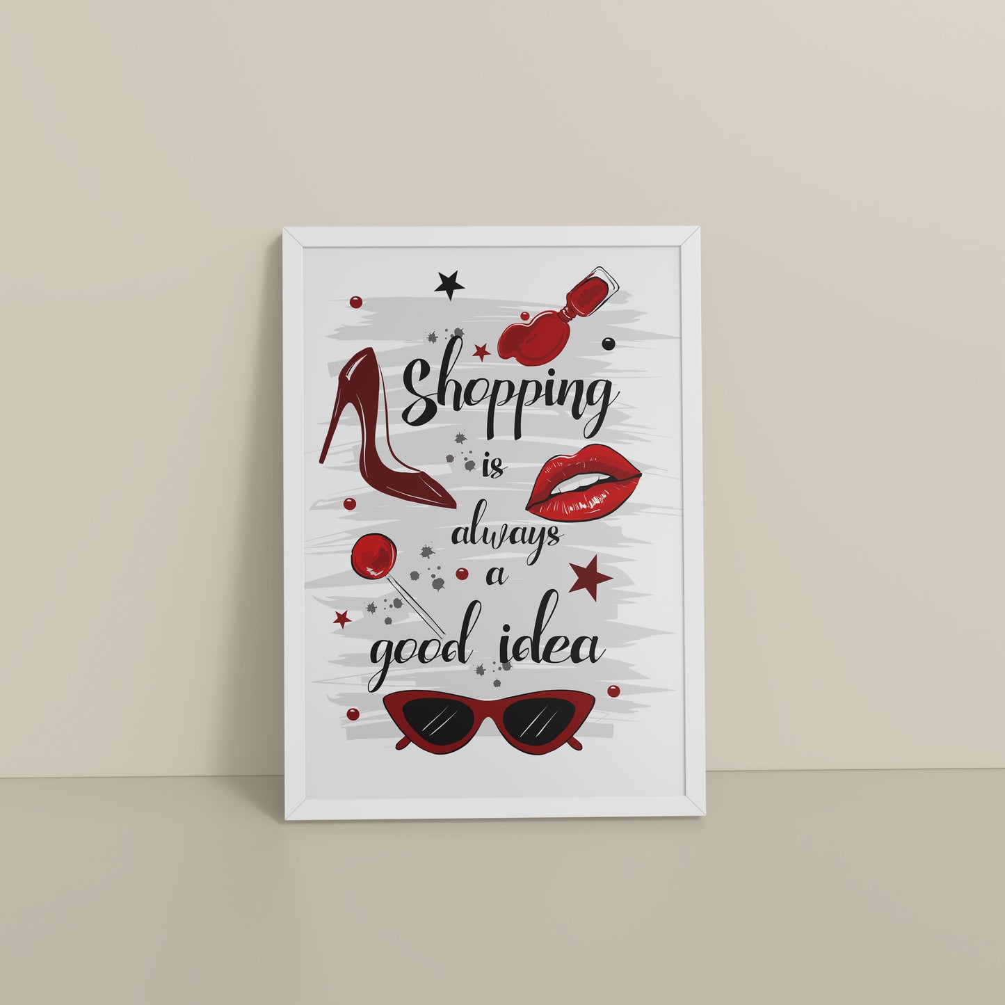 Floor View of Shopaholic Mood – Fashion Wall Art Frame in White Color Frame