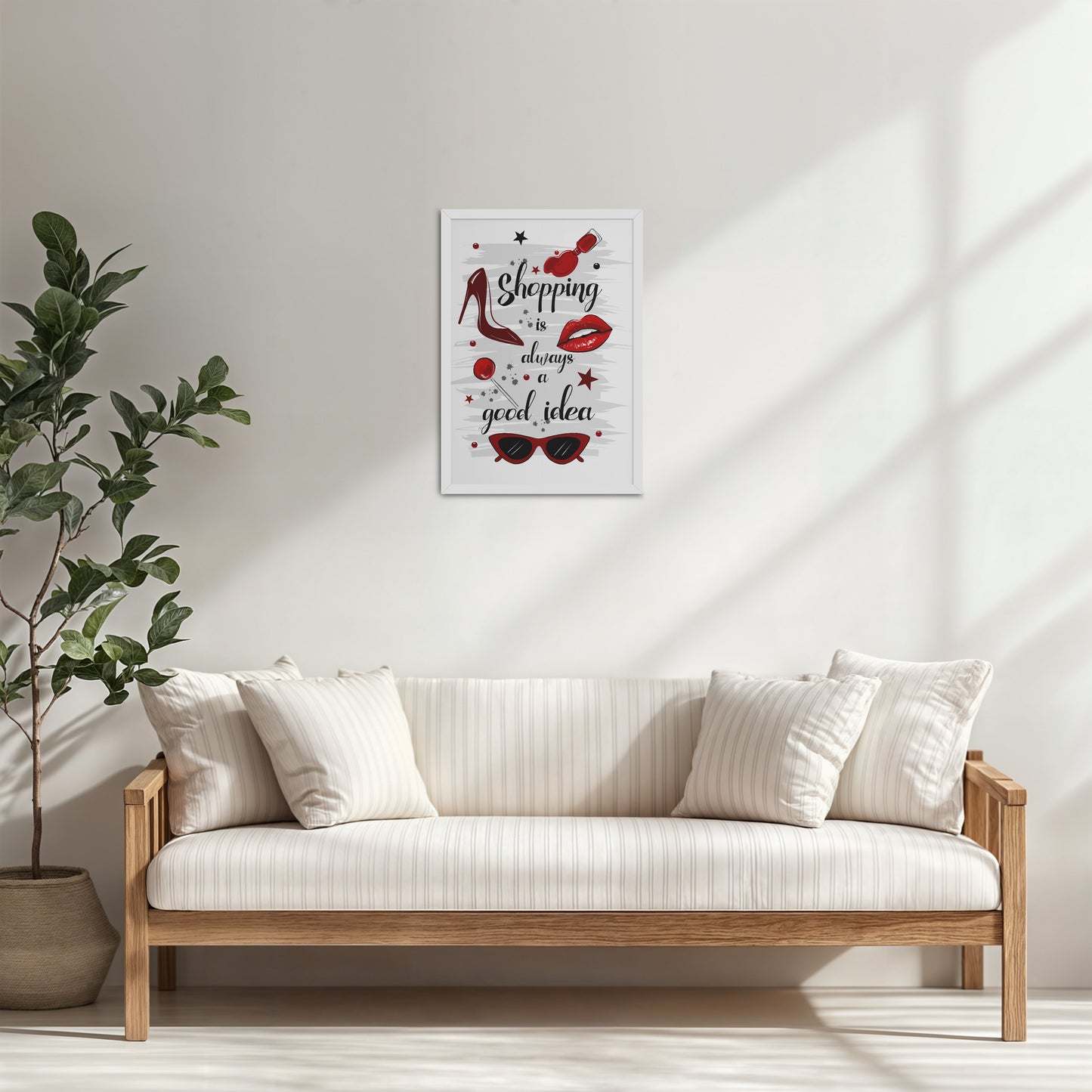 Living Room Cabinet Table Preview of Shopaholic Mood – Fashion Wall Art Frame in White Color Frame