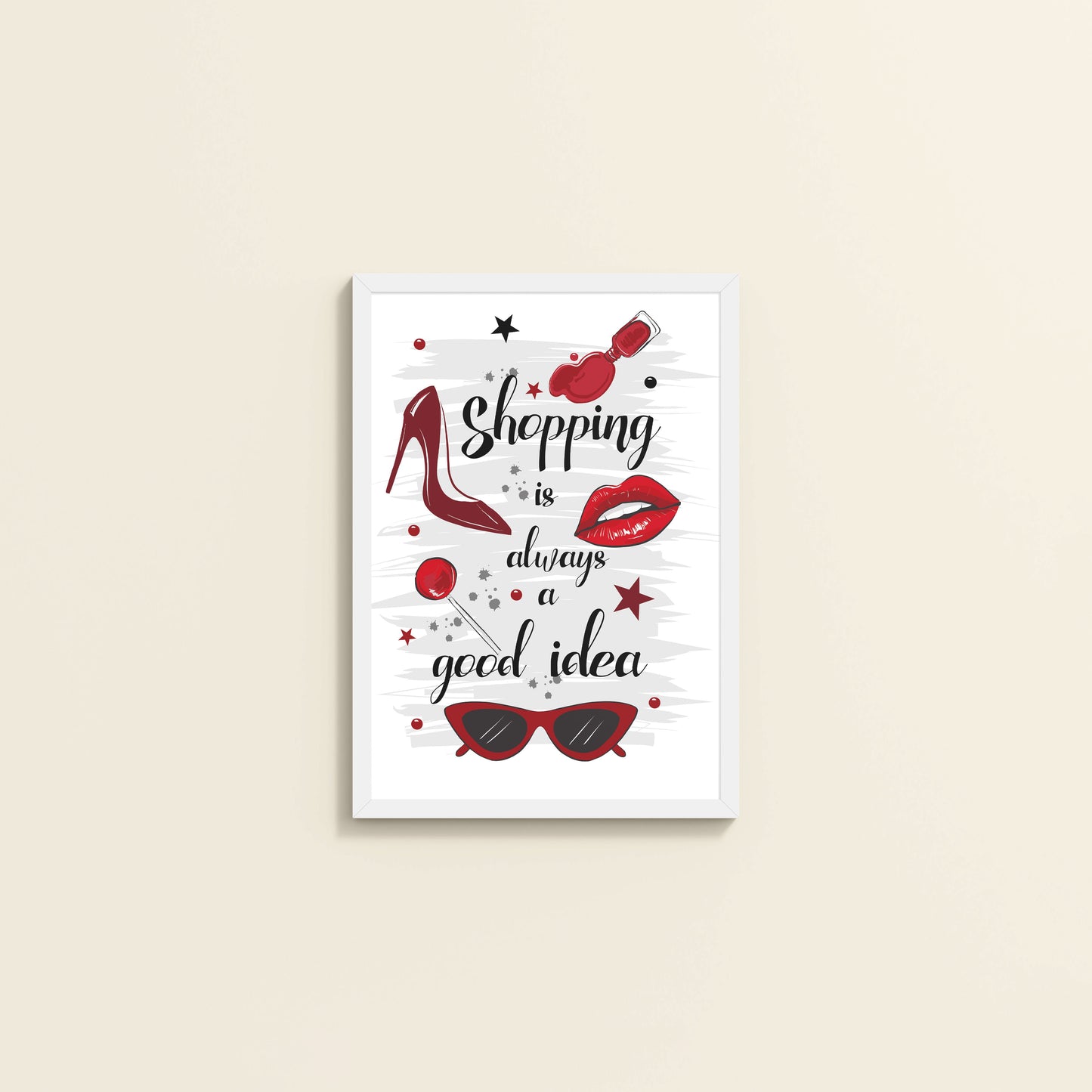 Wall View of Shopaholic Mood – Fashion Wall Art Frame in White Color Frame