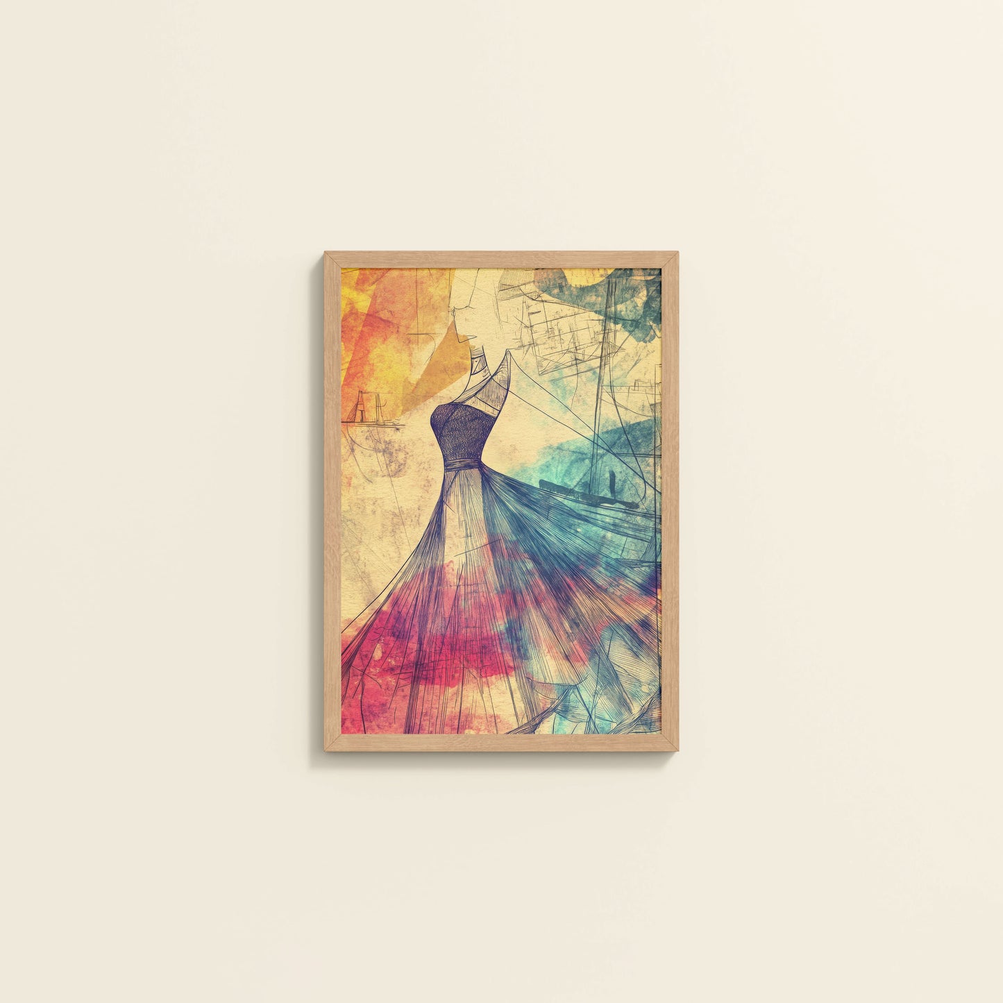 Wall View of Elegant Sketch – Vintage Dress Fashion Art Frame in Natrual Color Frame