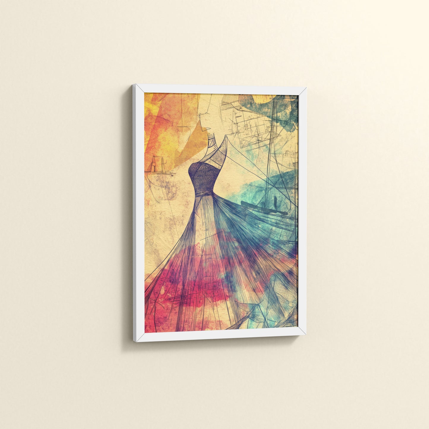 Side View of Elegant Sketch – Vintage Dress Fashion Art Frame in White Color Frame