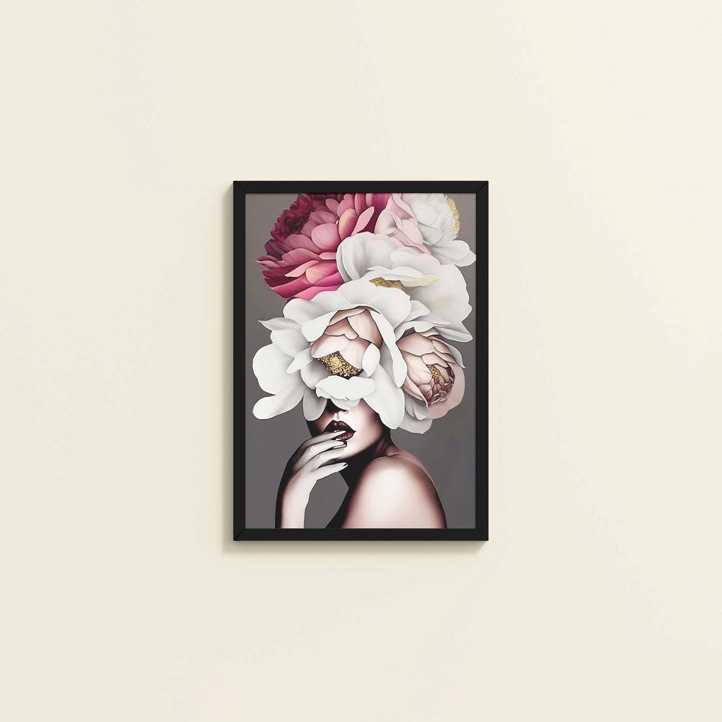 Wall View of Blooming Beauty – Abstract Female Floral Wall Art in Black Color Frame