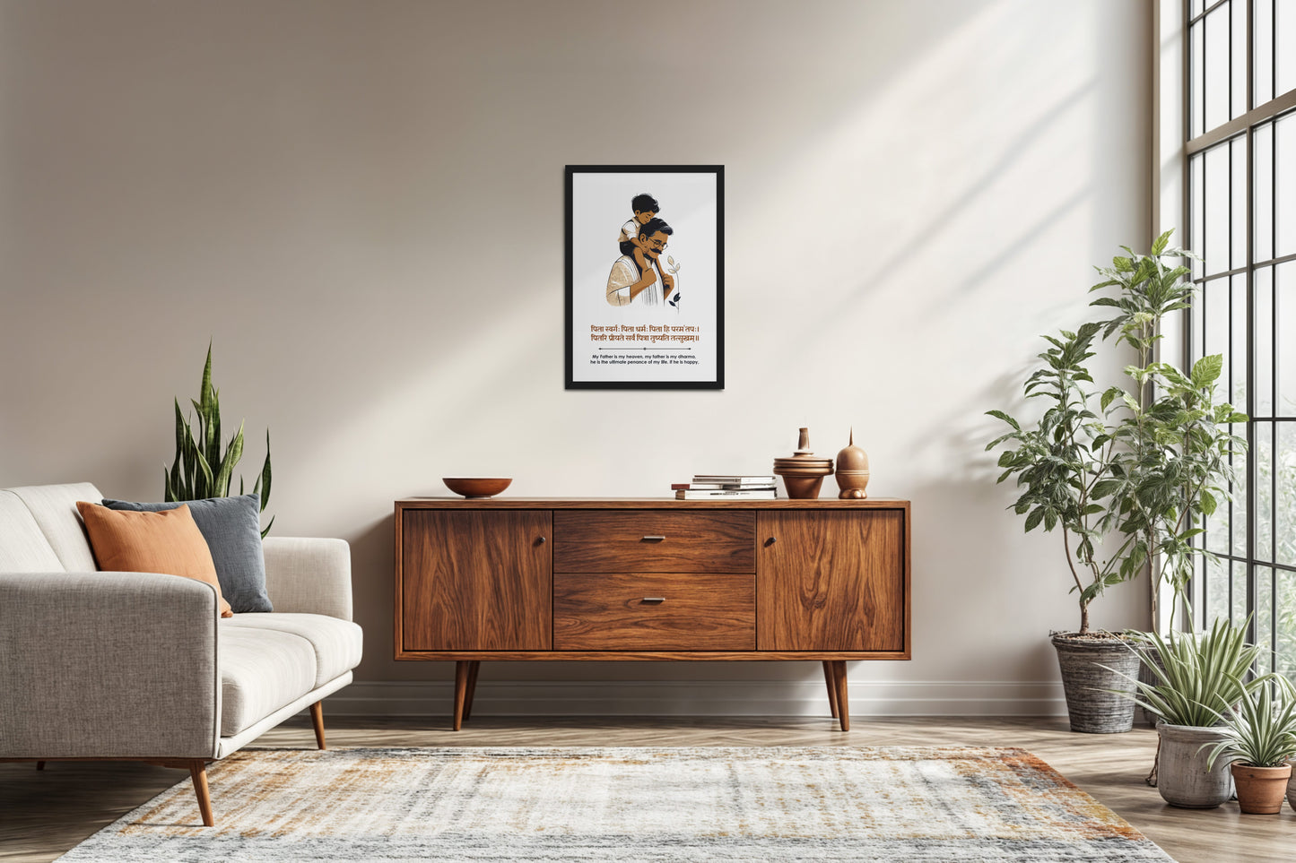 Living Room Sofa Preview of Father’s Blessing – Sanskrit Quote Frame in Black Color Frame
