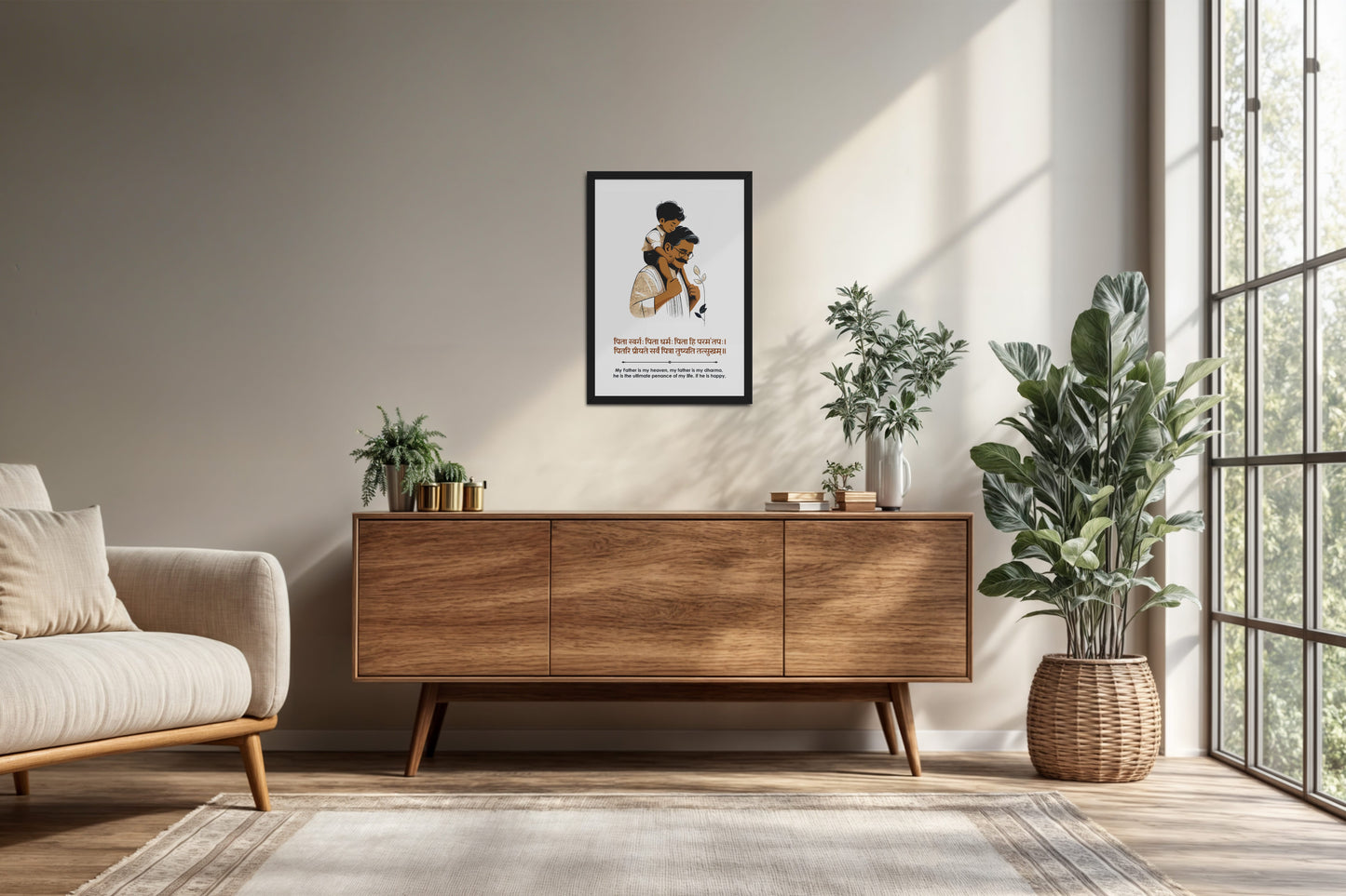 Living Room Cabinet Preview of Father’s Blessing – Sanskrit Quote Frame in Black Color Frame
