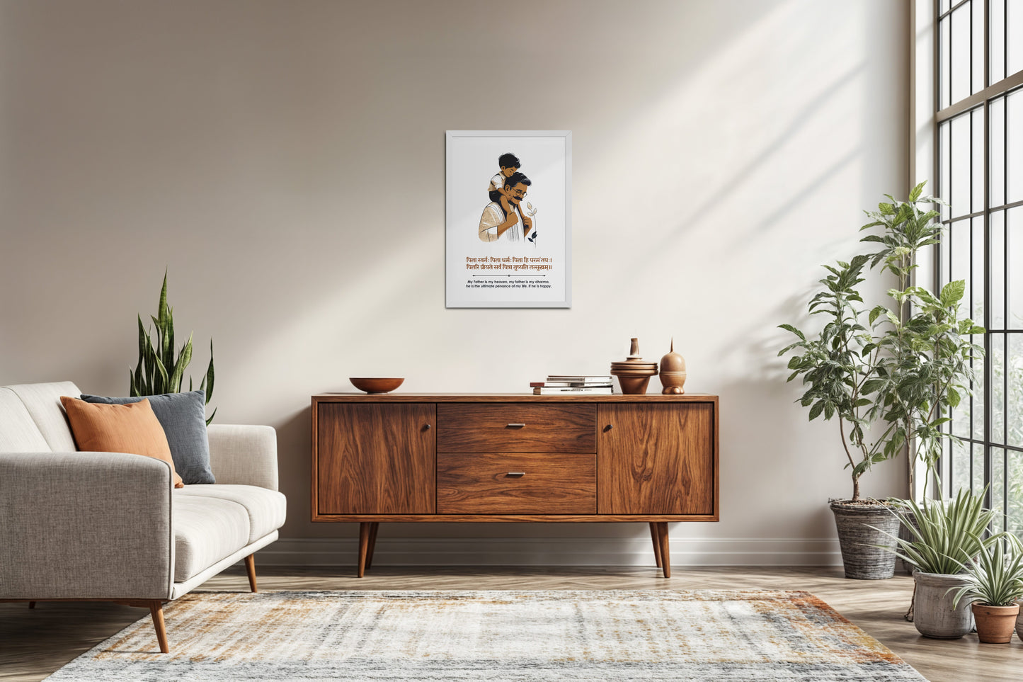 Living Room Sofa Preview of Father’s Blessing – Sanskrit Quote Frame in White Color Frame