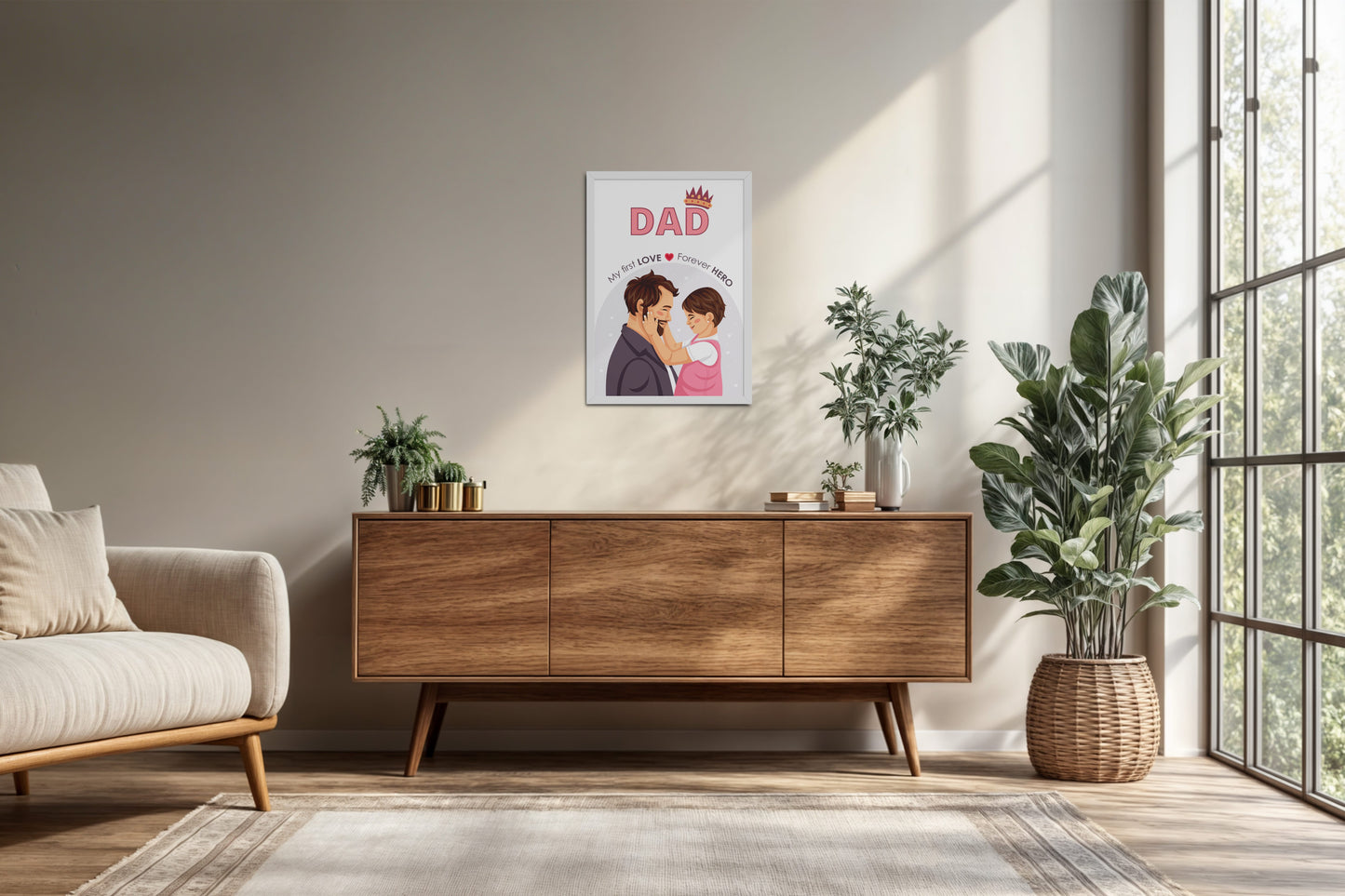 Living Room Cabinet Preview of My First Love, Forever Hero – Dad Wall Art in White Color Frame