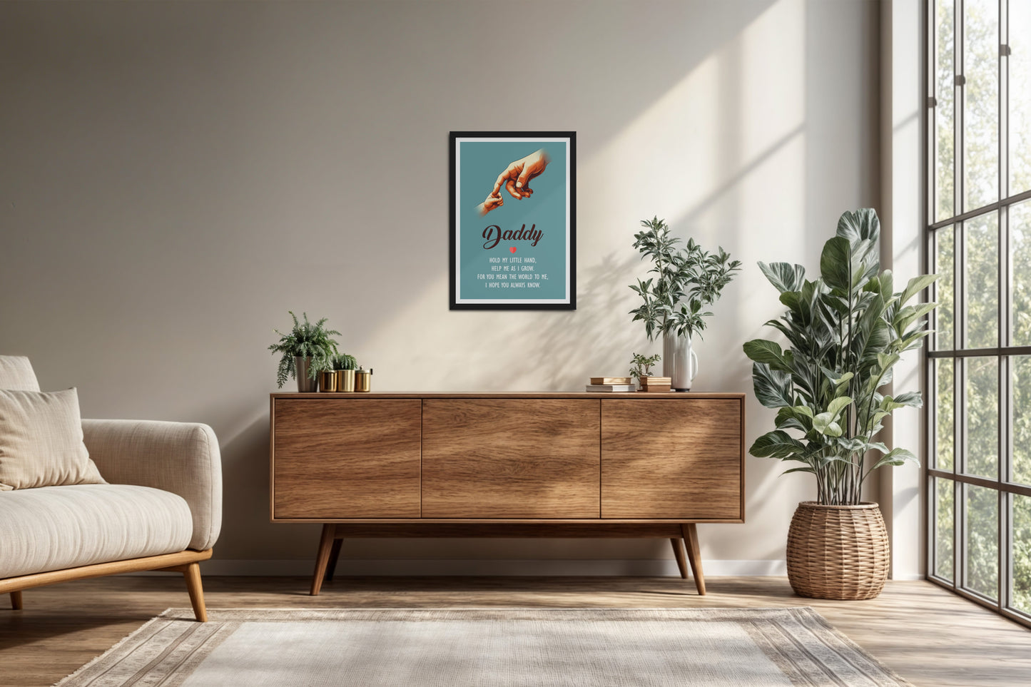 Living Room Cabinet Preview of Hold My Hand, Daddy – Father-Child Wall Art in Black Color Frame