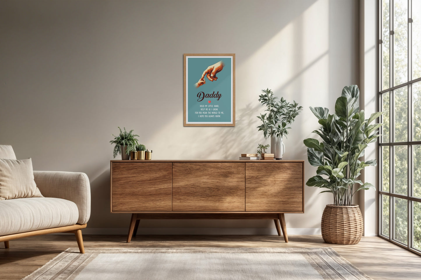 Living Room Cabinet Preview of Hold My Hand, Daddy – Father-Child Wall Art in Natrual Color Frame