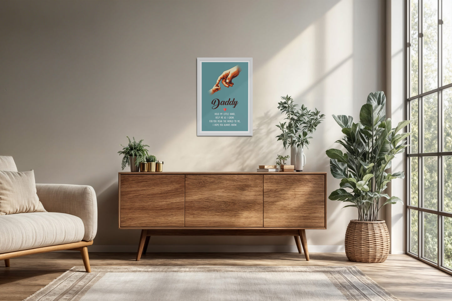 Living Room Cabinet Preview of Hold My Hand, Daddy – Father-Child Wall Art in White Color Frame