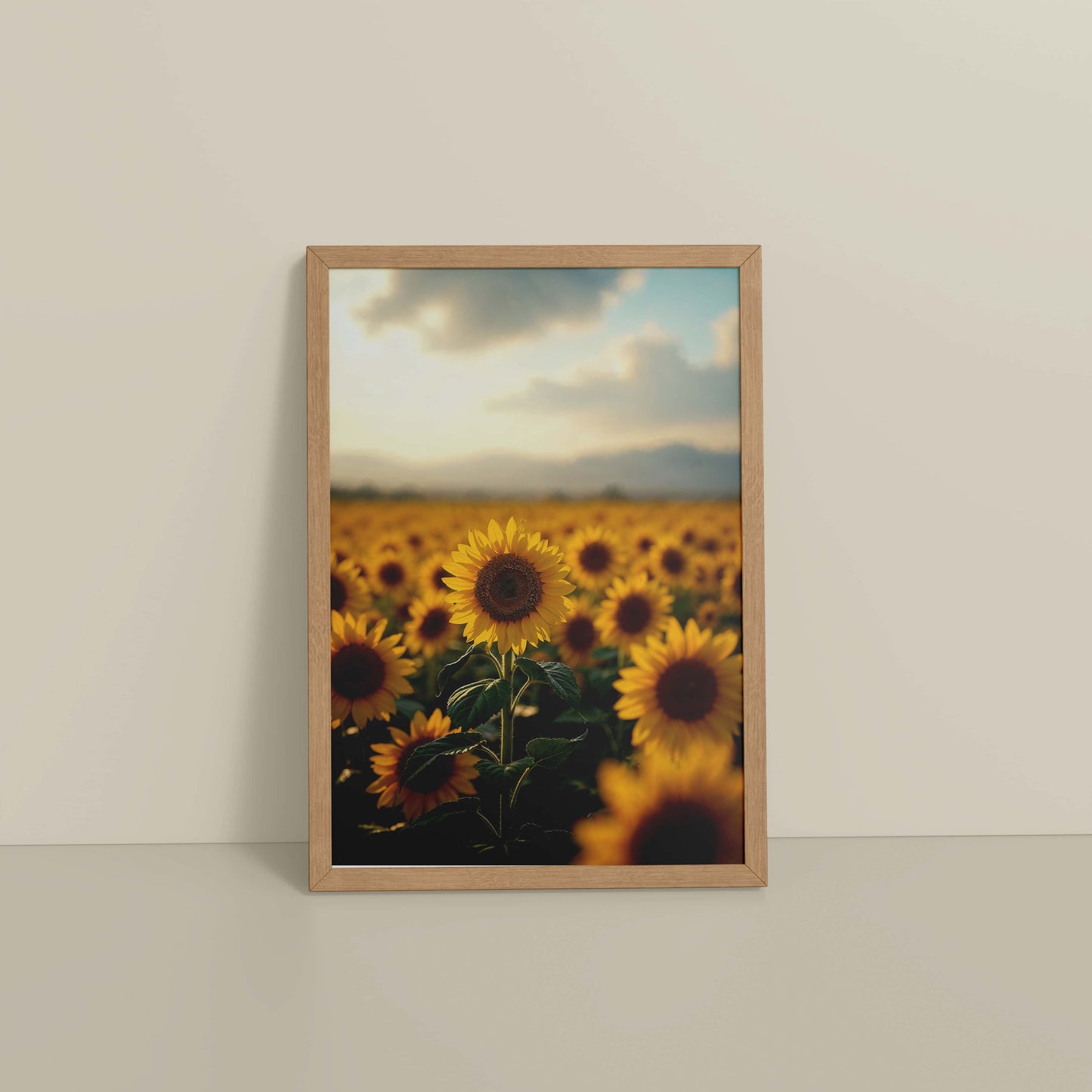 Floor View of Golden Bloom – Sunflowers Wall Art Frame in Natrual Color Frame