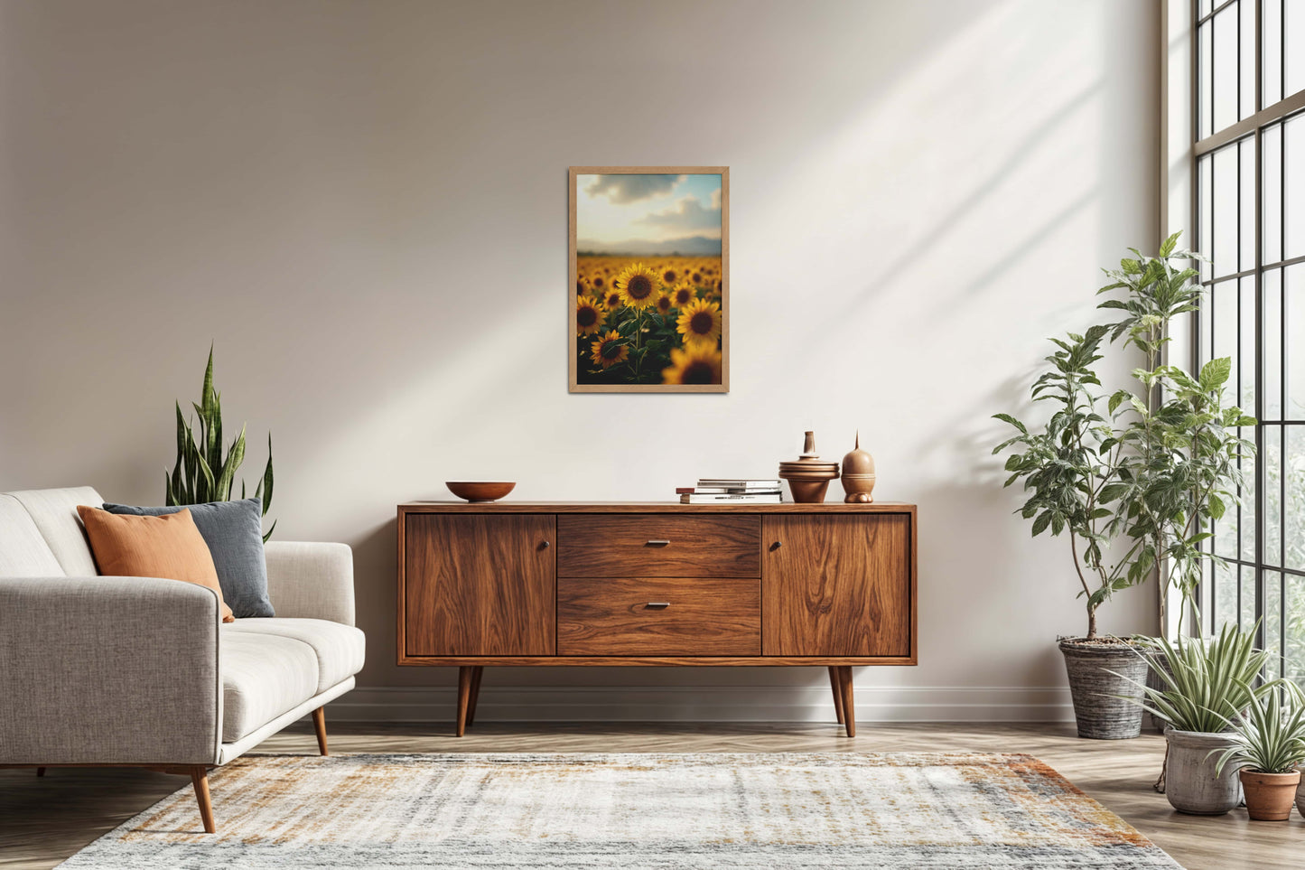 Living Room Sofa Preview of Golden Bloom – Sunflowers Wall Art Frame in Natrual Color Frame