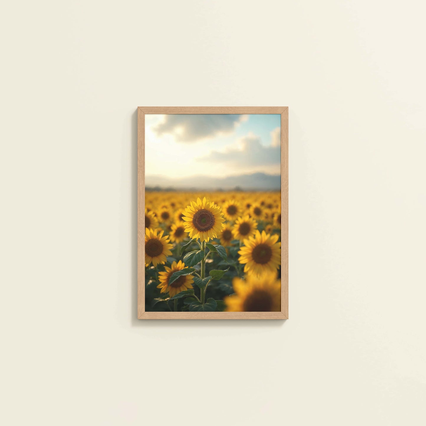 Wall View of Golden Bloom – Sunflowers Wall Art Frame in Natrual Color Frame