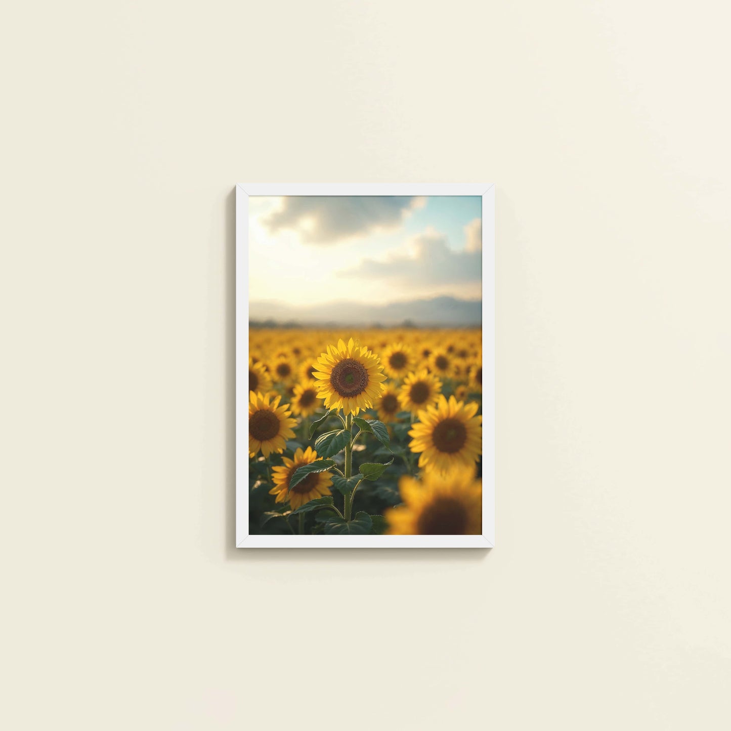 Wall View of Golden Bloom – Sunflowers Wall Art Frame in White Color Frame