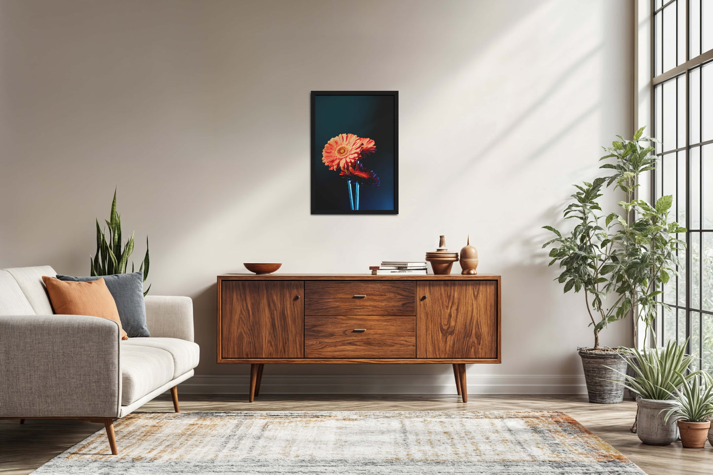 Living Room Sofa Preview of Orange Charm – Daisy Flower Photo Frame Decor in Black Color Frame