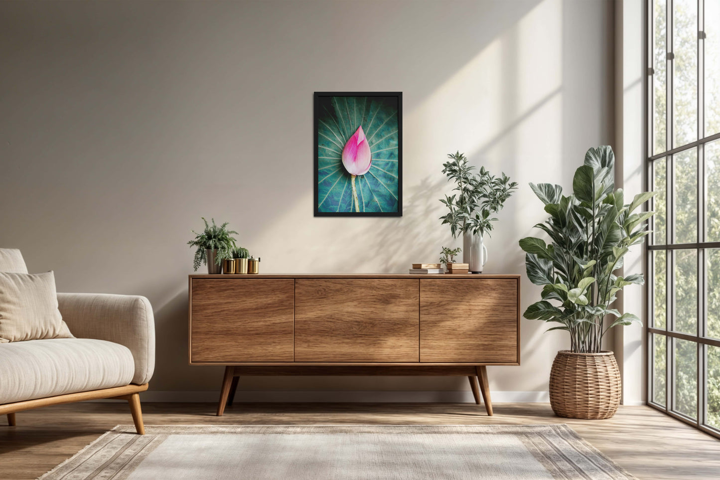 Living Room Cabinet Preview of Sacred Lotus – Symbol of Purity and Peace Wall Art in Black Color Frame