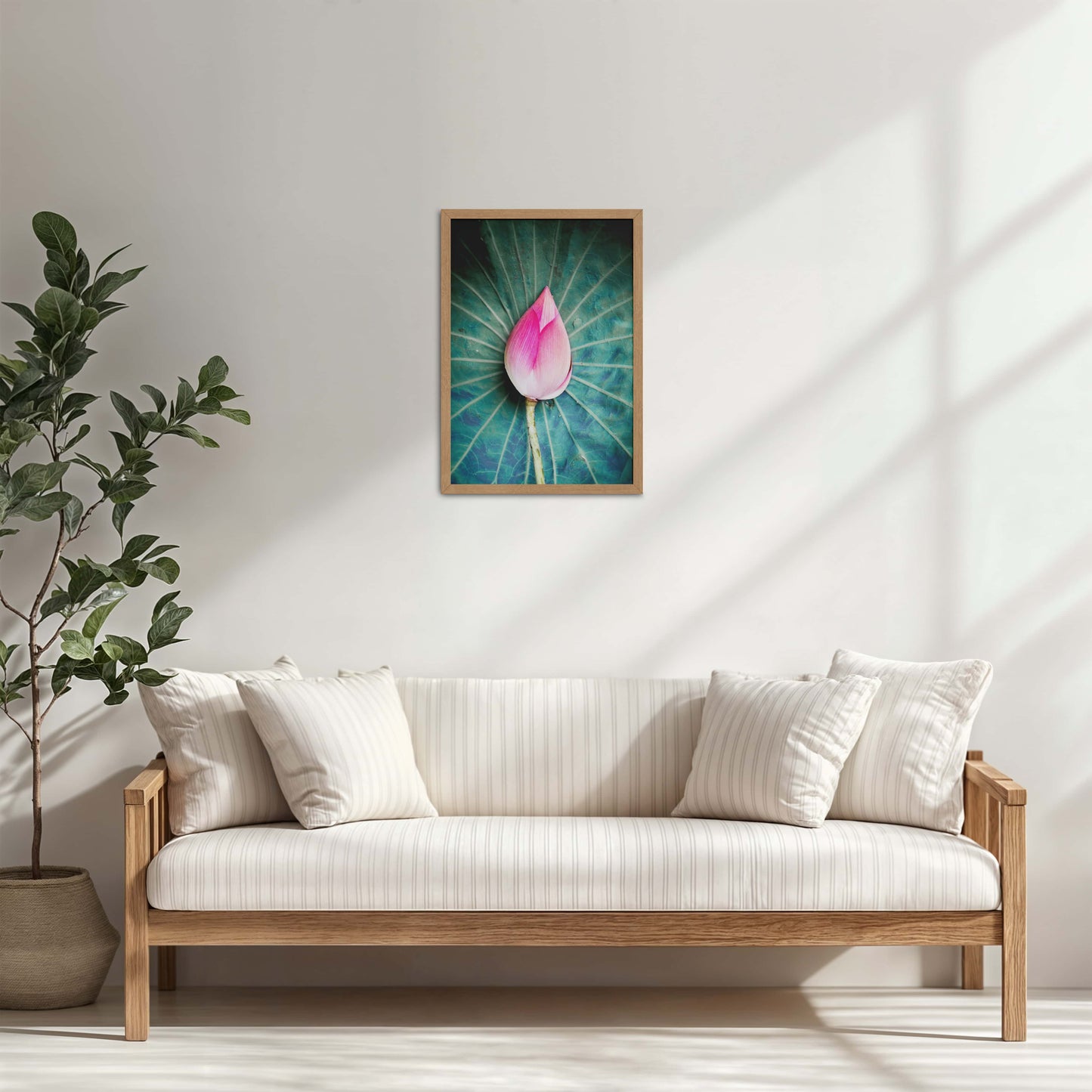 Living Room Cabinet Table Preview of Sacred Lotus – Symbol of Purity and Peace Wall Art in Natrual Color Frame