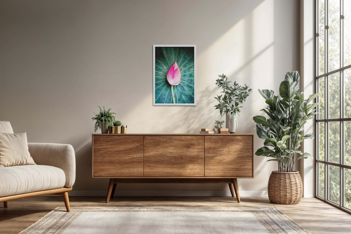 Living Room Cabinet Preview of Sacred Lotus – Symbol of Purity and Peace Wall Art in White Color Frame