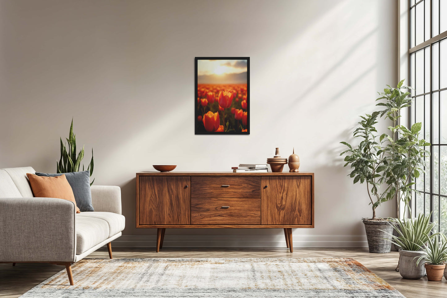 Living Room Sofa Preview of Tulip Flowers Fields with Sunlit in Wall Art Frame in Black Color Frame