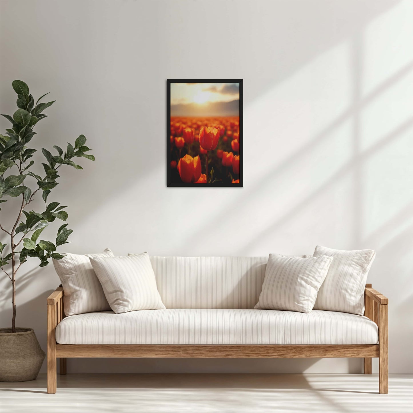Living Room Cabinet Table Preview of Tulip Flowers Fields with Sunlit in Wall Art Frame in Black Color Frame