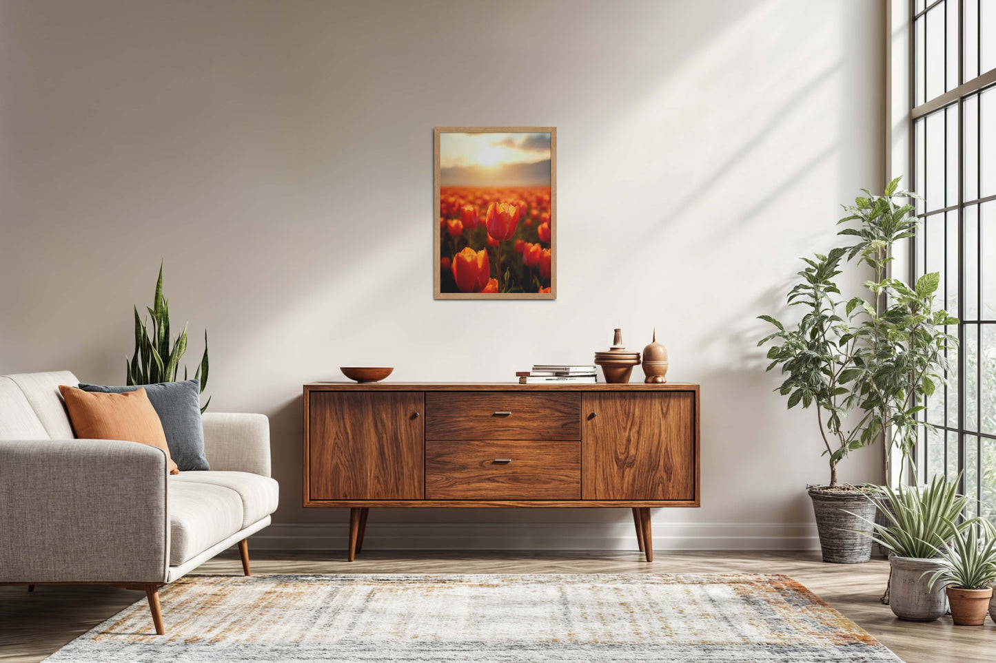 Living Room Sofa Preview of Tulip Flowers Fields with Sunlit in Wall Art Frame in Natrual Color Frame